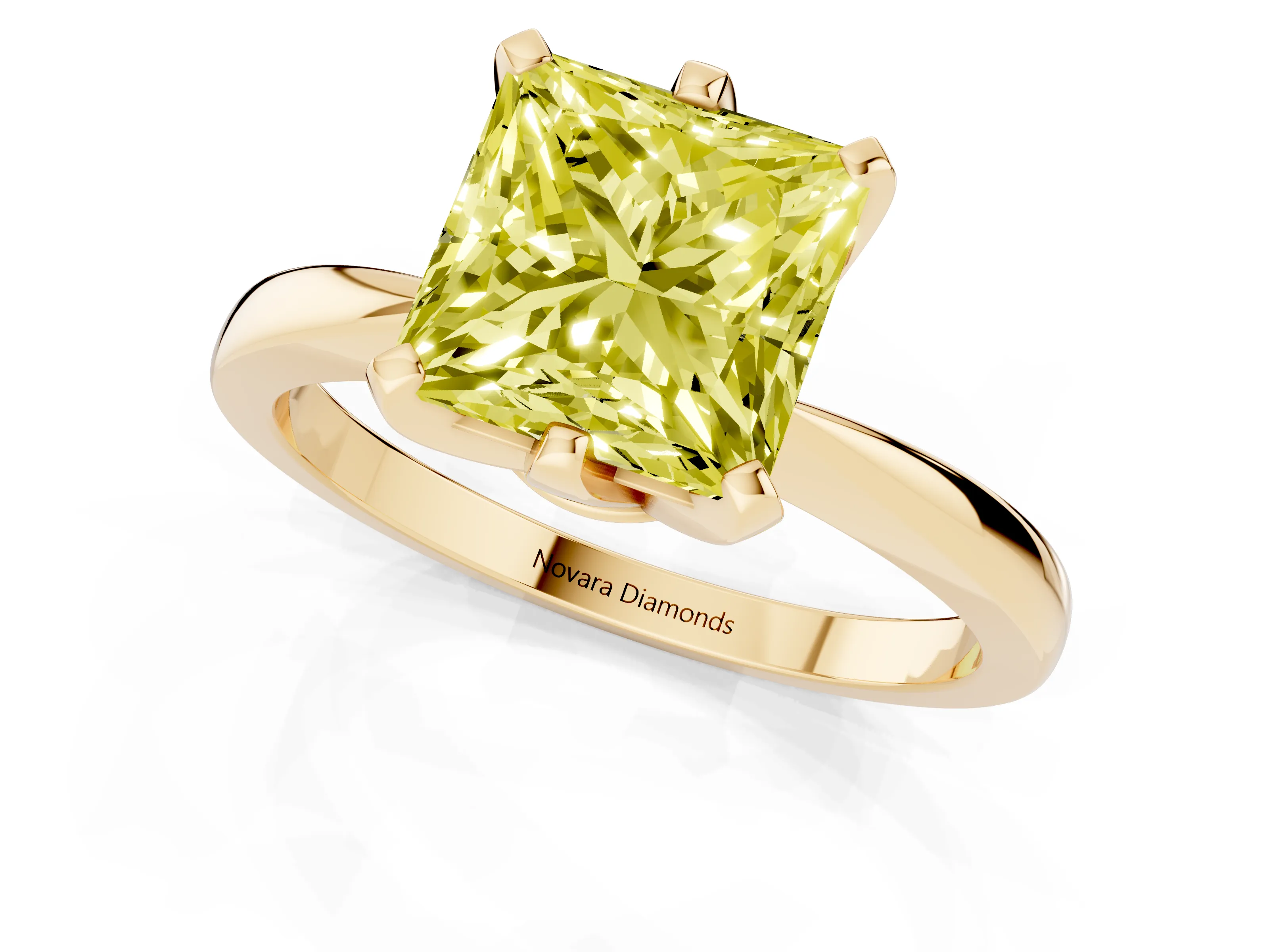 Fancy Yellow Princess Cut Diamond Solitaire Engagement Ring Set in Yellow gold with Slim Tapered Solitaire Band