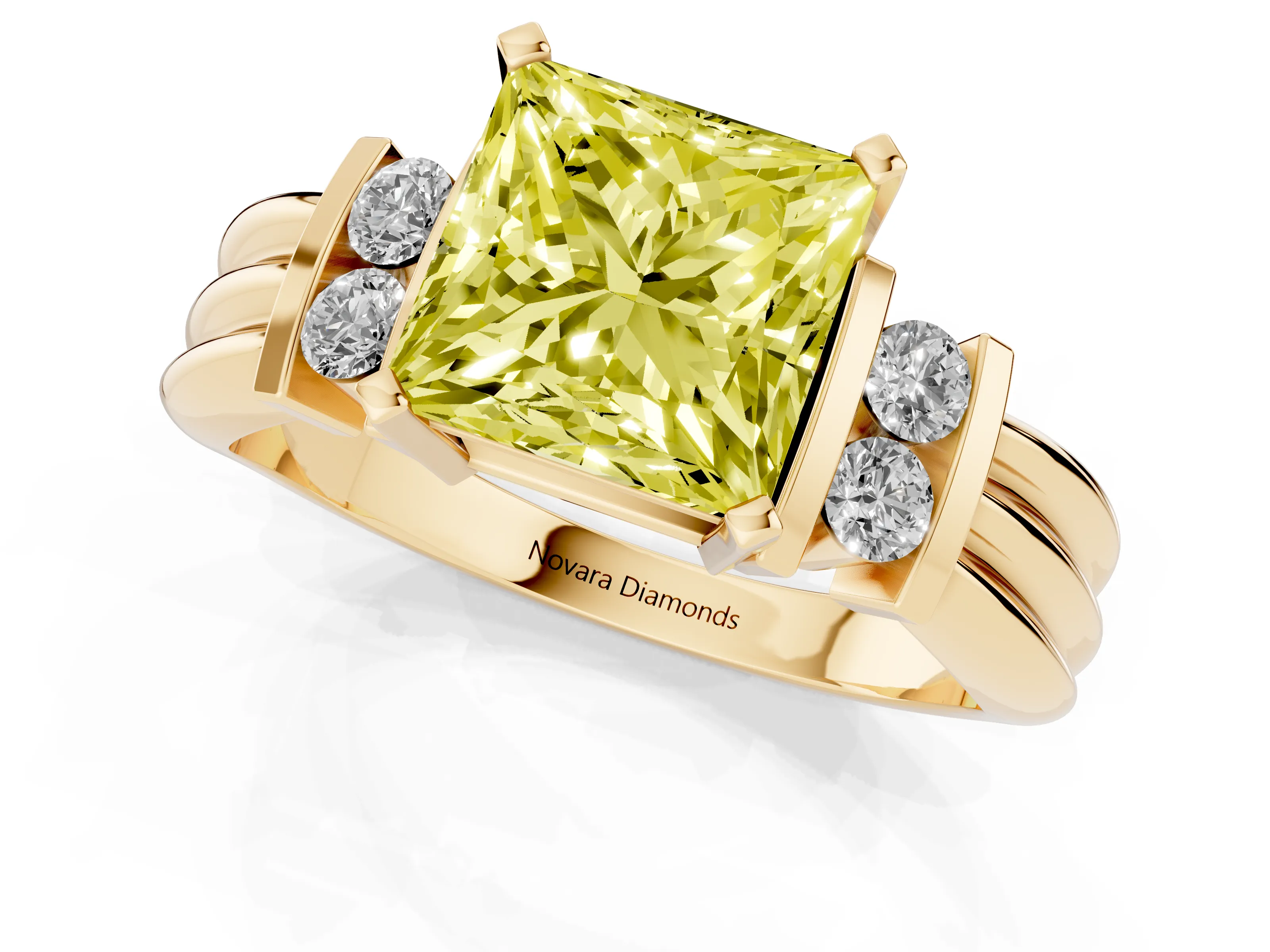 Fancy Yellow Three-Stone Princess Cut Diamond Channel Set Ring Set in Yellow gold with Bar Prongs