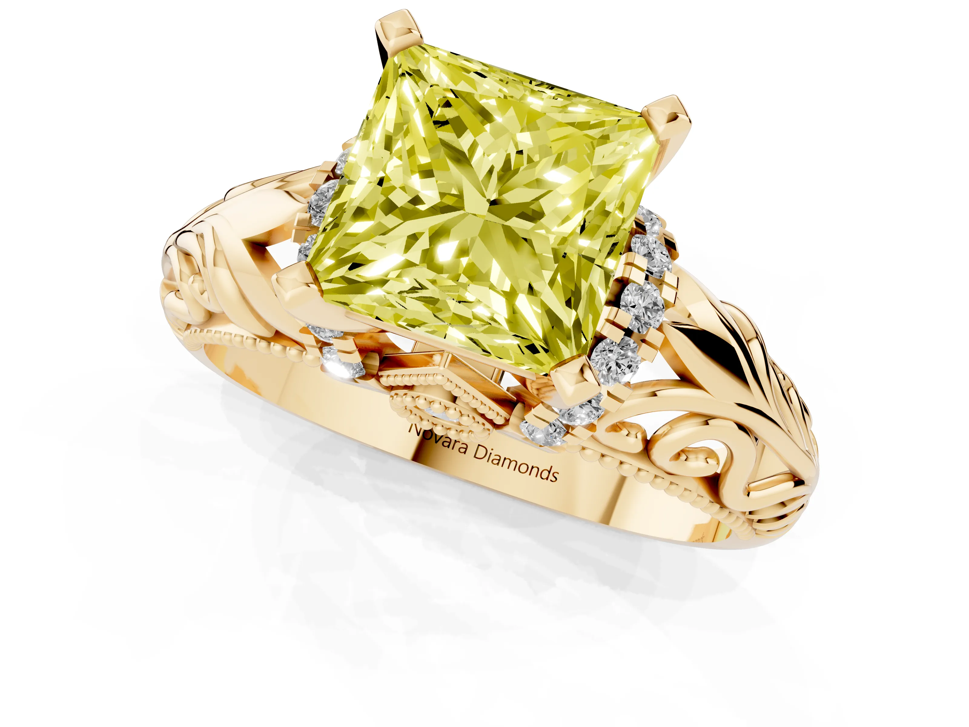 Fancy Yellow Princess Cut Diamond Filigree Halo Engagement Ring Set in Yellow gold with Prong Setting