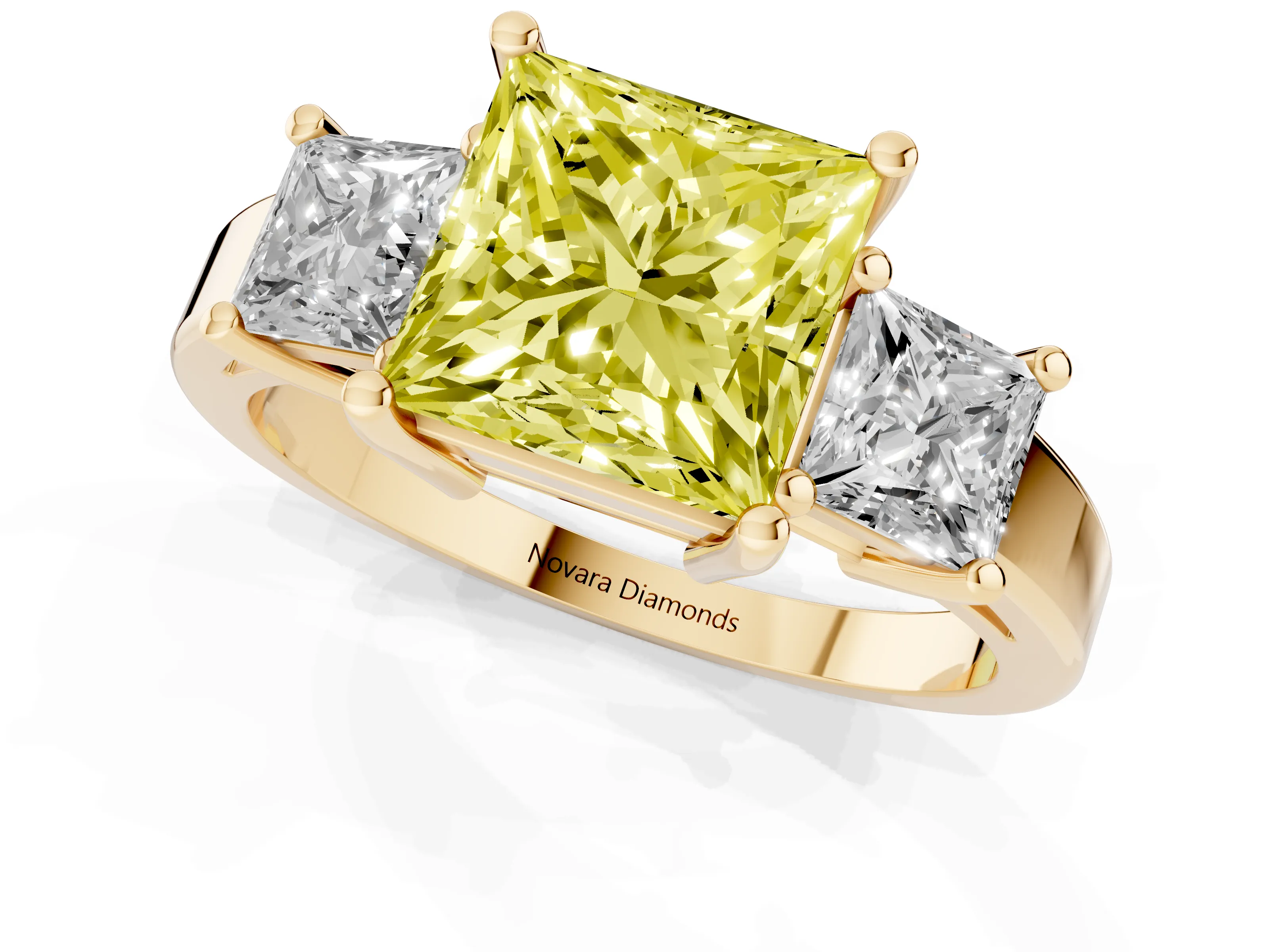 Fancy Yellow Three-Stone Princess Cut Diamond Solitaire Ring Set in Yellow gold with Prong Setting