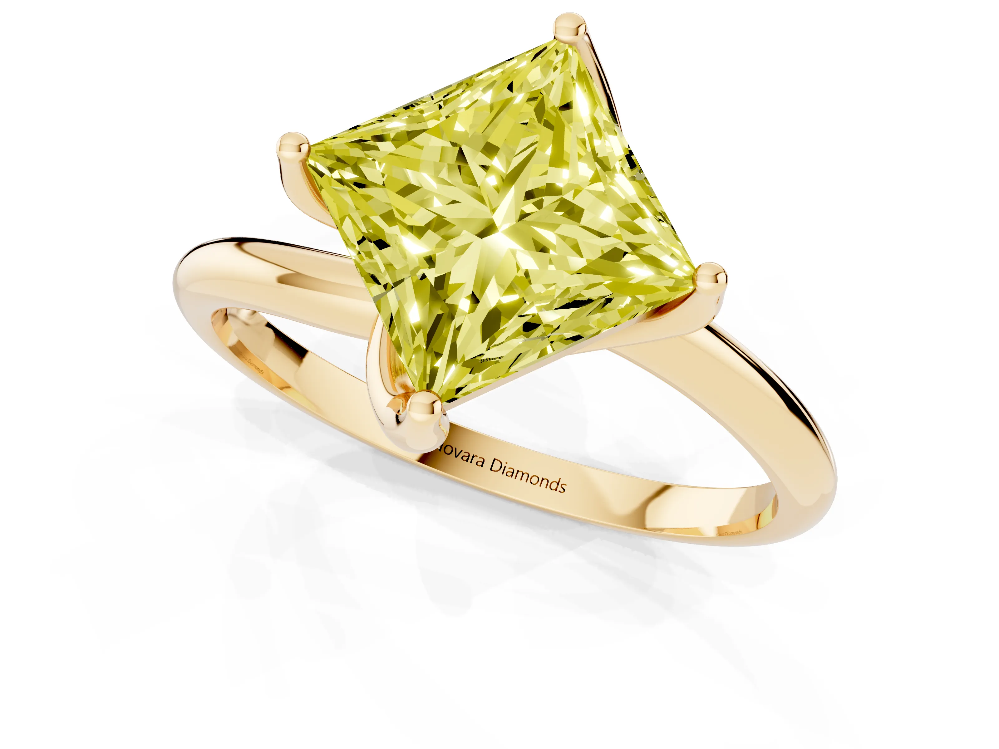 Fancy Yellow Princess Cut Diamond Solitaire Engagement Ring Set in Yellow gold with Classic Plain Band