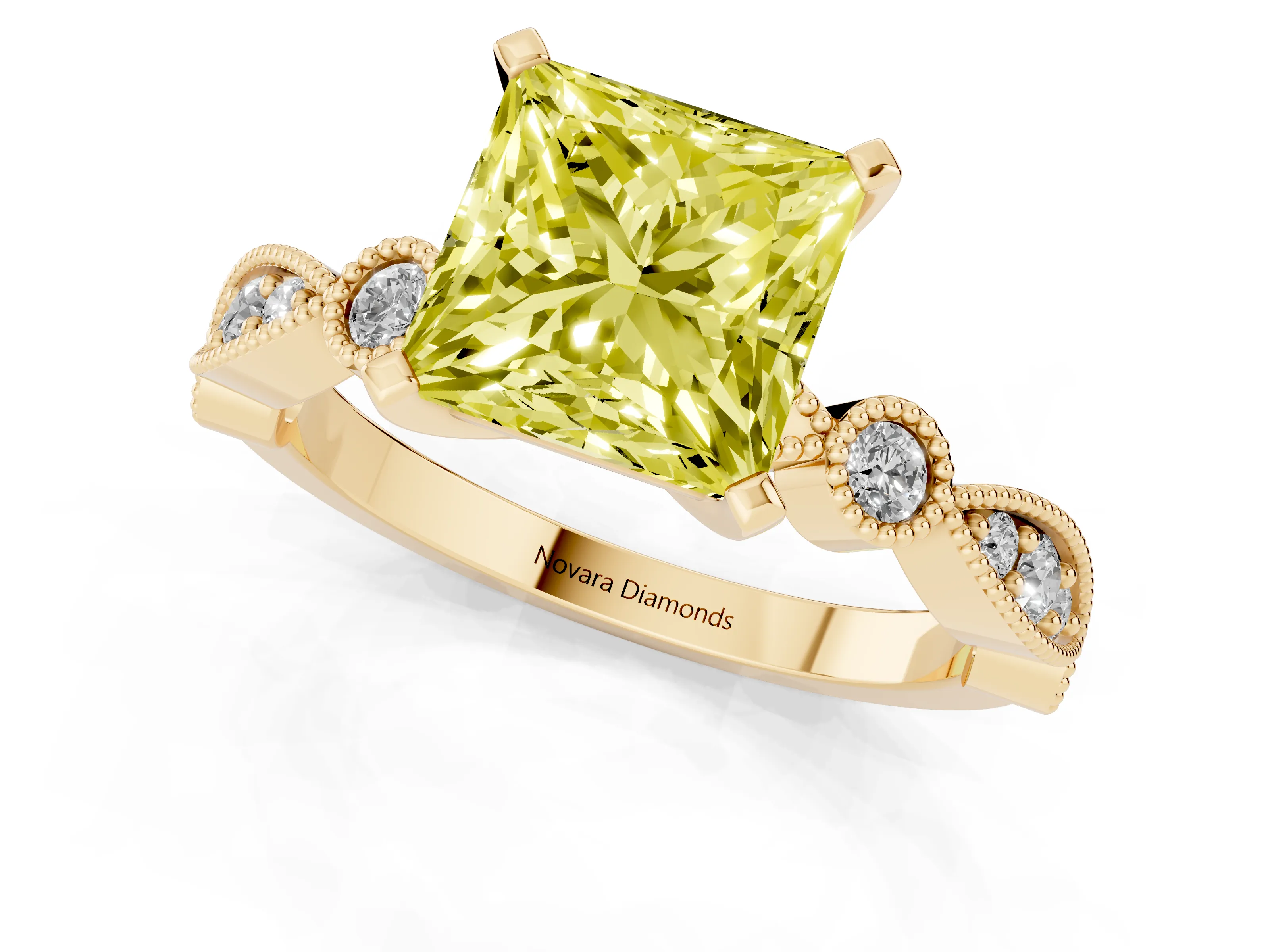 Fancy Yellow Princess Cut Diamond Solitaire Engagement Ring Set in Yellow gold with Milgrain Bezel Accent Band