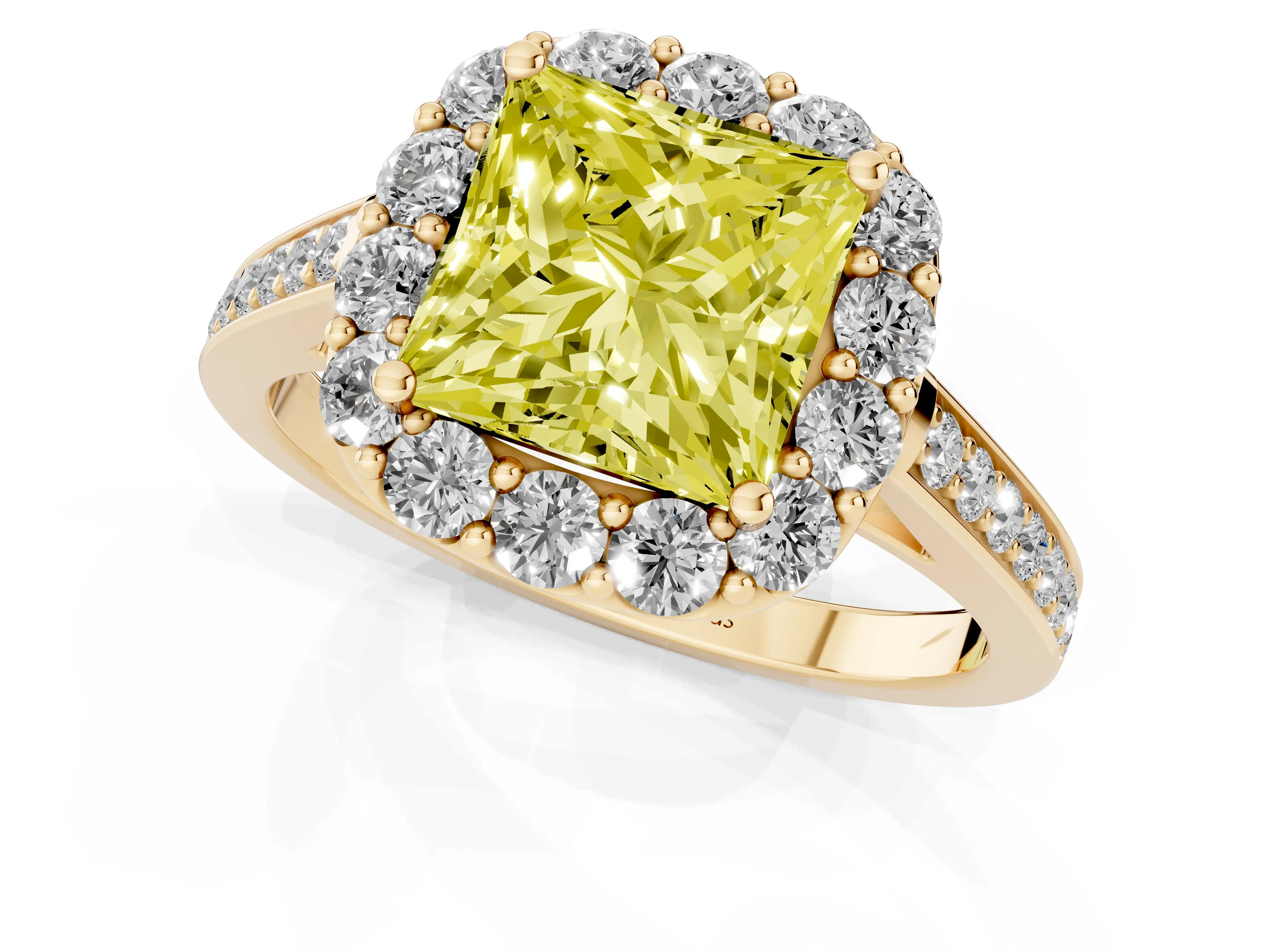 Fancy Yellow Princess Cut Diamond Floral Halo Ring Set in Yellow gold with Pavé Band and Prong Setting