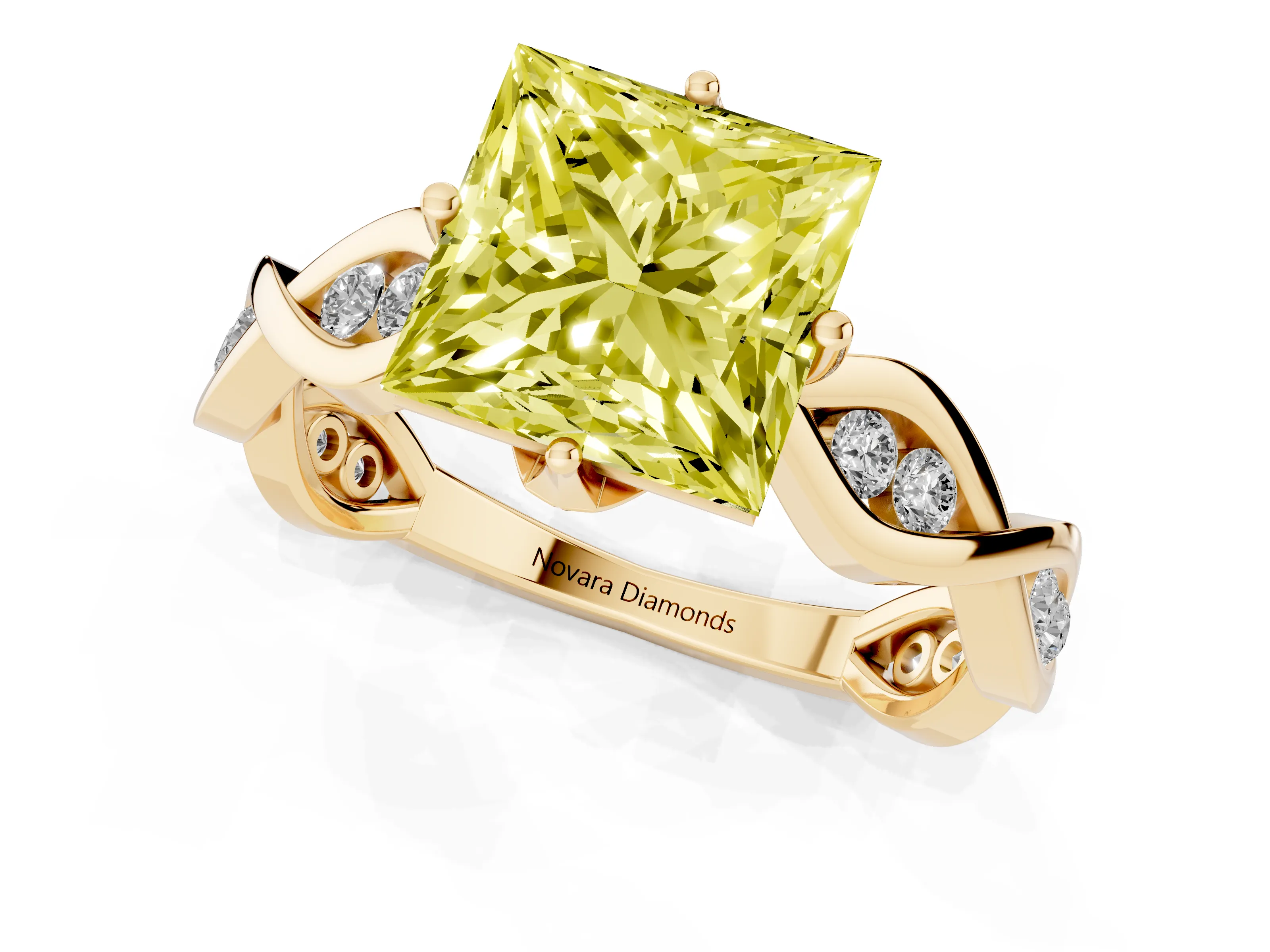 Fancy Yellow Princess Cut Diamond Twist Band Solitaire Ring Set in Yellow gold with Leaf Prong Setting and Accent Stones