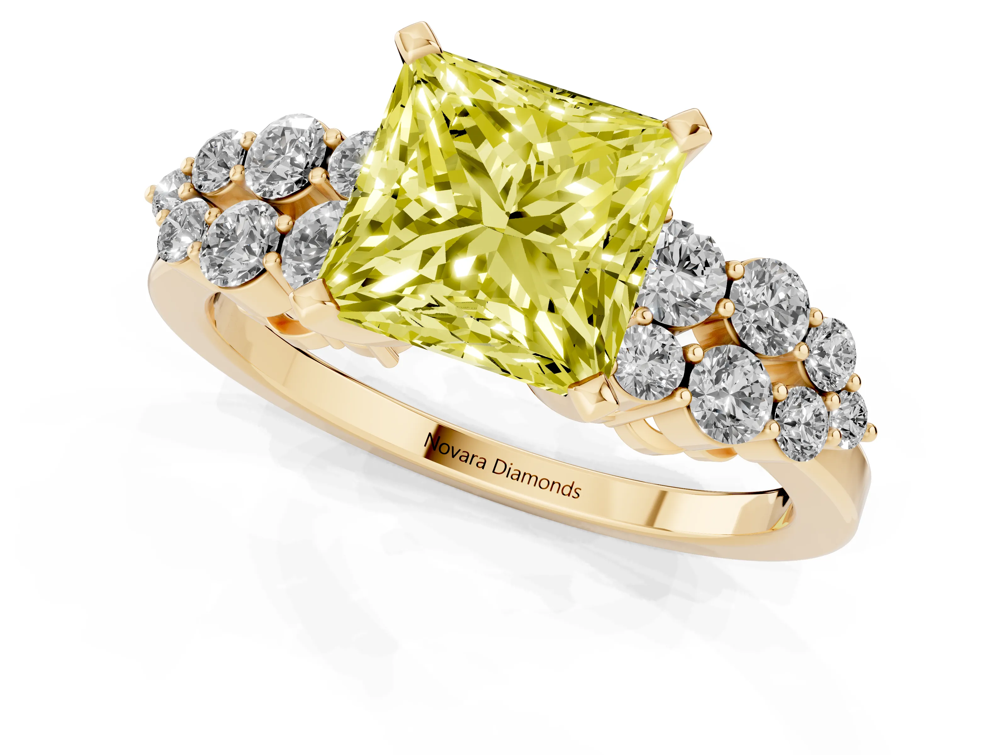 Fancy Yellow Princess Cut Diamond Cluster Engagement Ring Set in Yellow gold with Pavé Band and Prong Setting