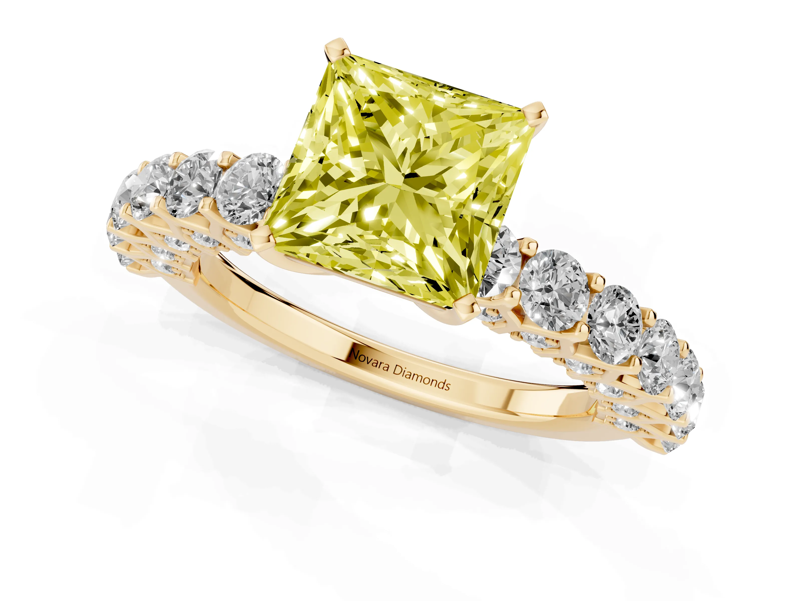 Fancy Yellow Princess Cut Diamond Solitaire Ring Set in Yellow gold with Shared Prong Pavé Band