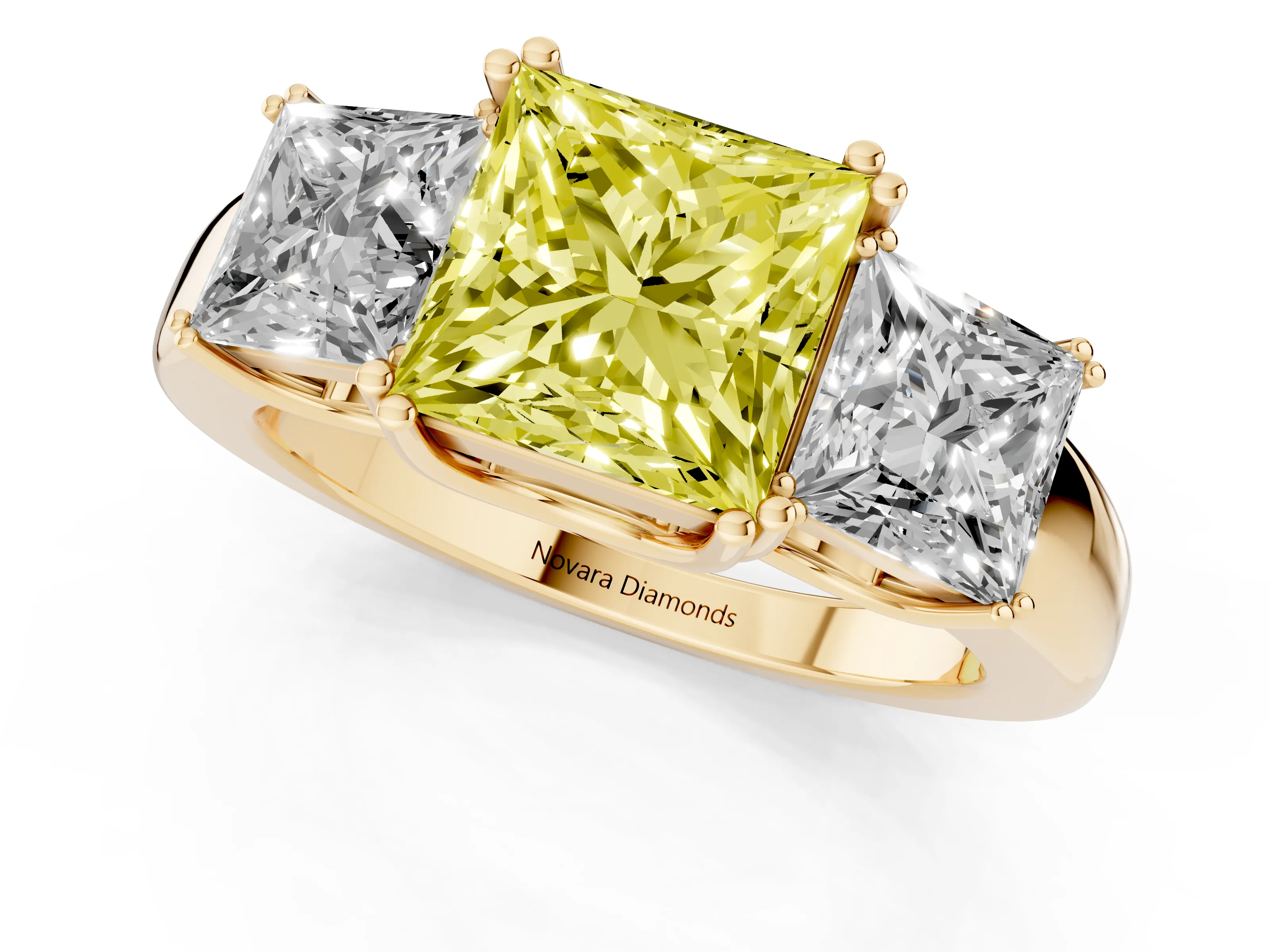 Fancy Yellow Princess Cut Diamond Three-Stone Ring Set in Yellow gold with Polished Channel-Set Band