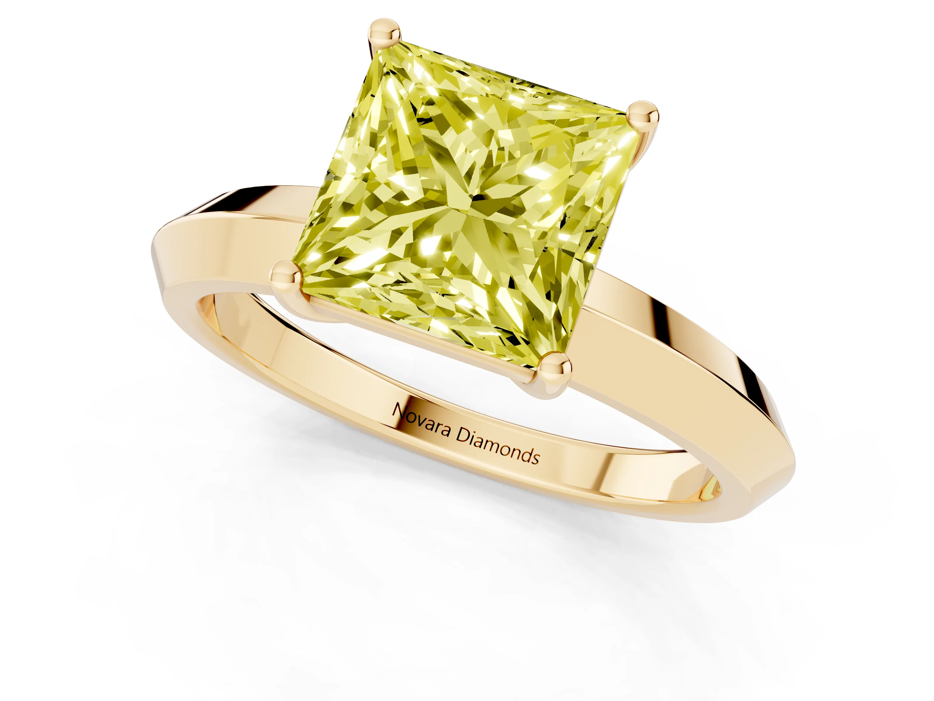 Fancy Yellow Princess Cut Diamond Solitaire Engagement Ring Set in Yellow gold with Flat Band and Prong Setting