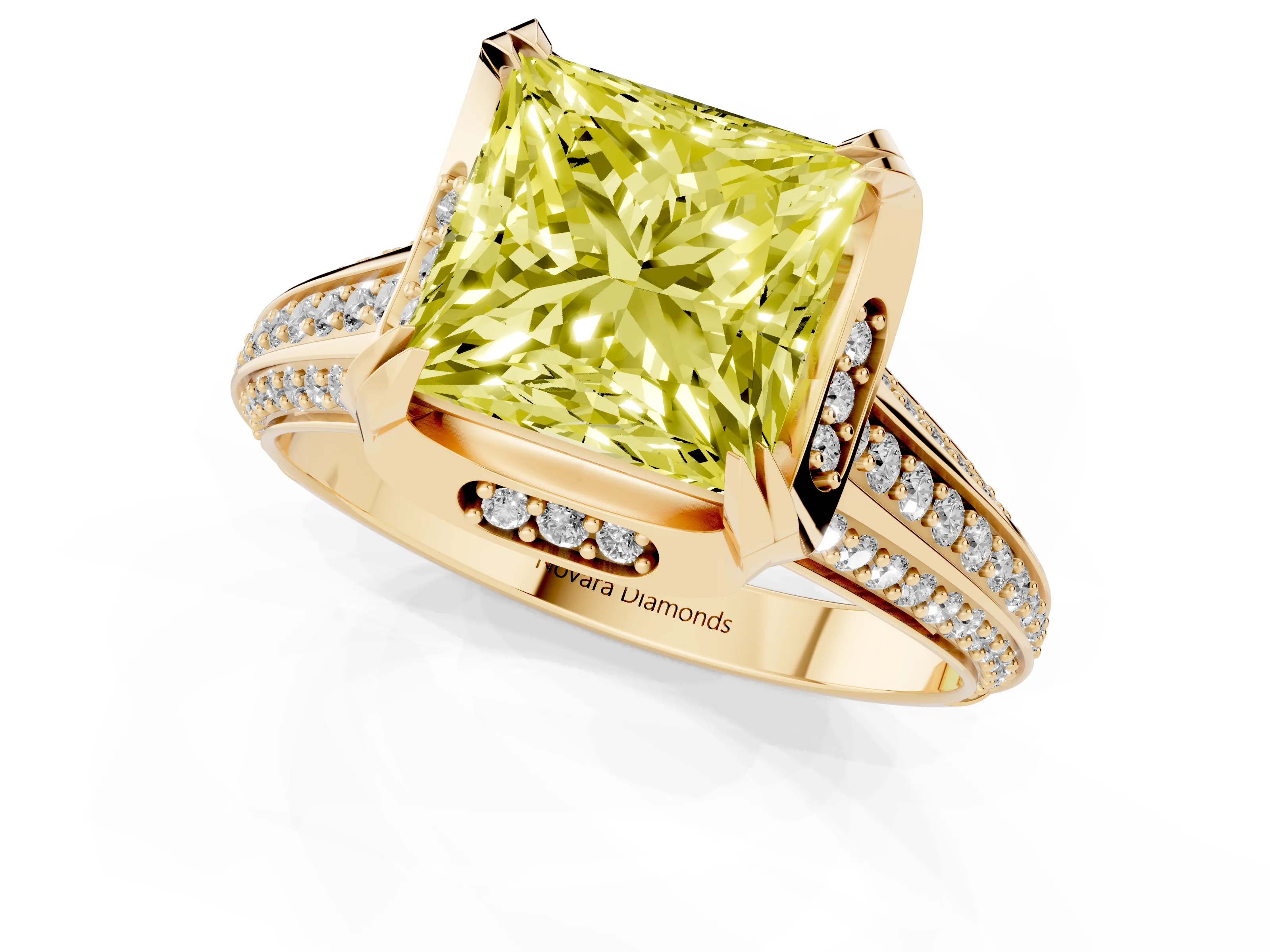 Fancy Yellow Princess Cut Diamond Pavé Split Shank Solitaire Ring Set in Yellow gold with Prong Setting