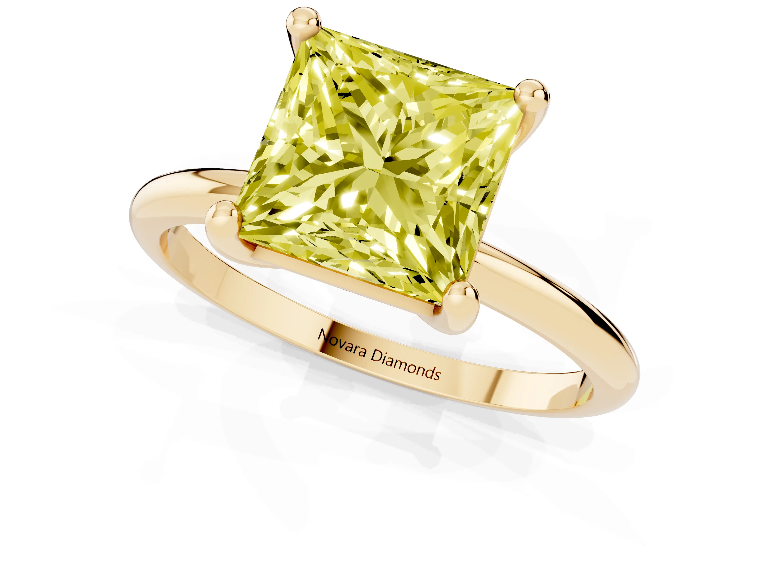 Fancy Yellow Princess Cut Diamond Solitaire Ring Set in Yellow gold with Secure Prong Setting on a Classic Band
