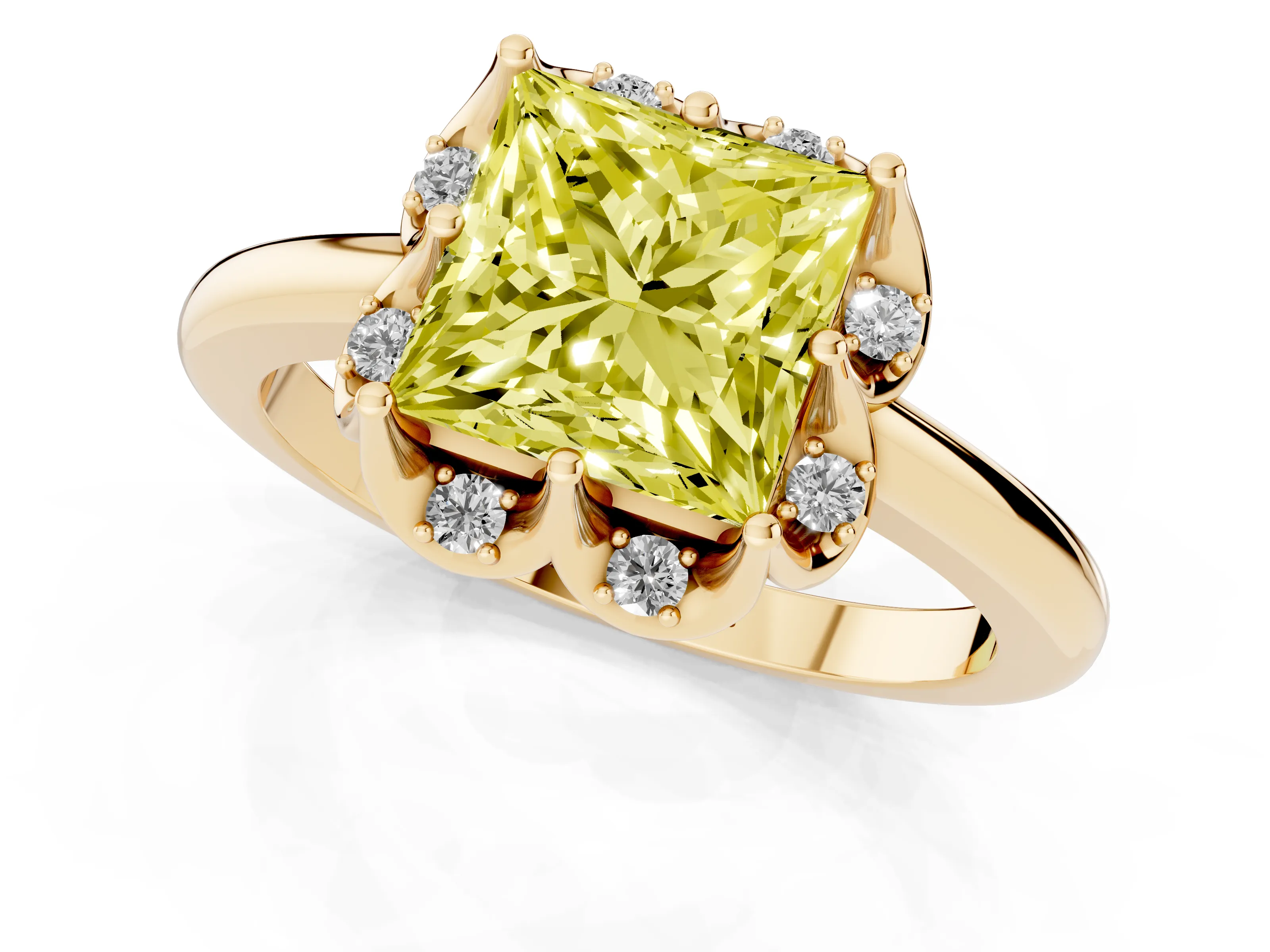 Fancy Yellow Princess Cut Diamond Round Cluster Halo Ring Set in Yellow gold with Solitaire Band and Prong Setting