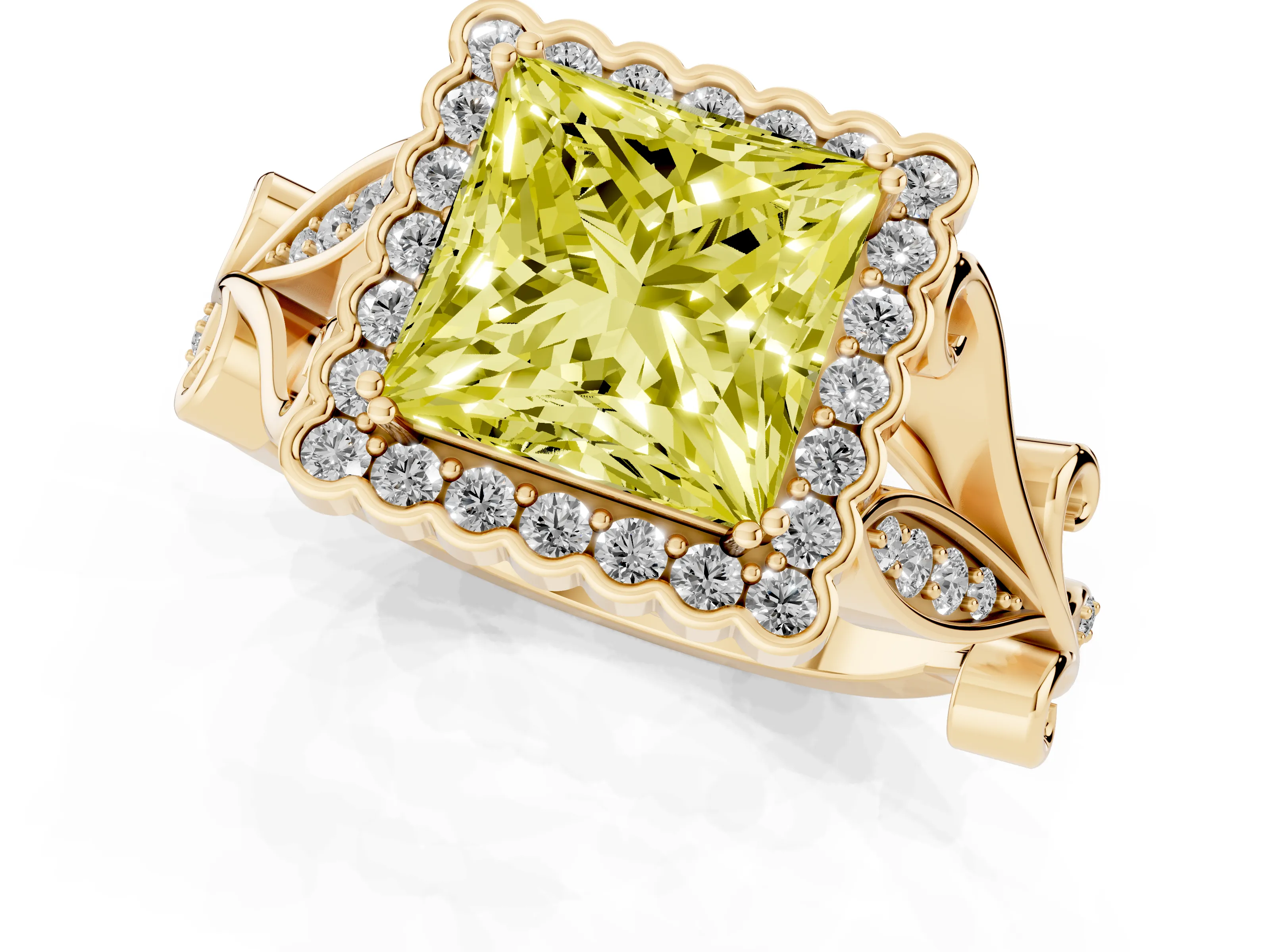 Fancy Yellow Princess Cut Diamond Halo Ring Set in Yellow gold with Leaf Motif Split Shank and Prong Setting