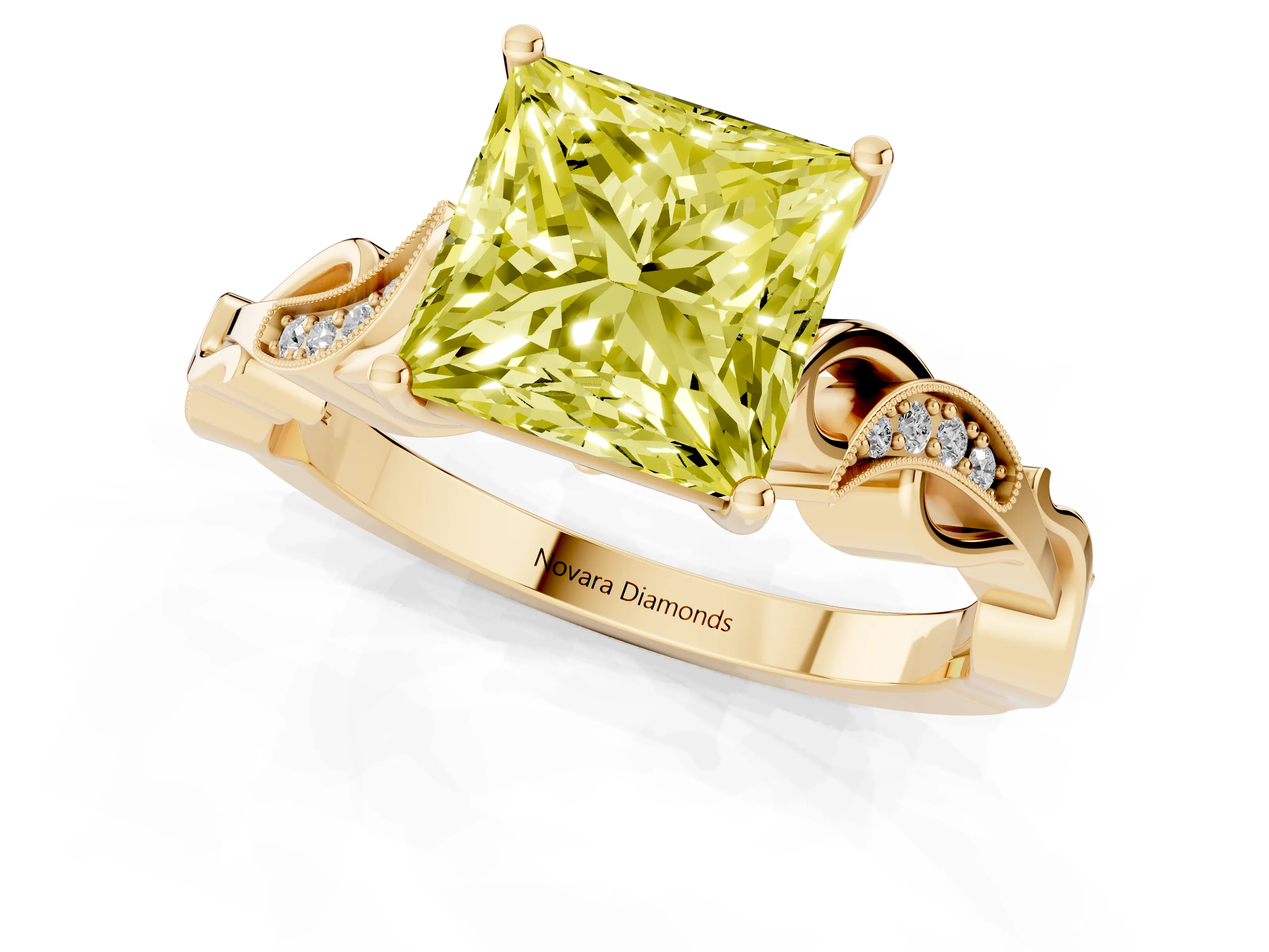 Fancy Yellow Princess Cut Diamond Vine Band Solitaire Ring Set in Yellow gold with Milgrain Prong Setting