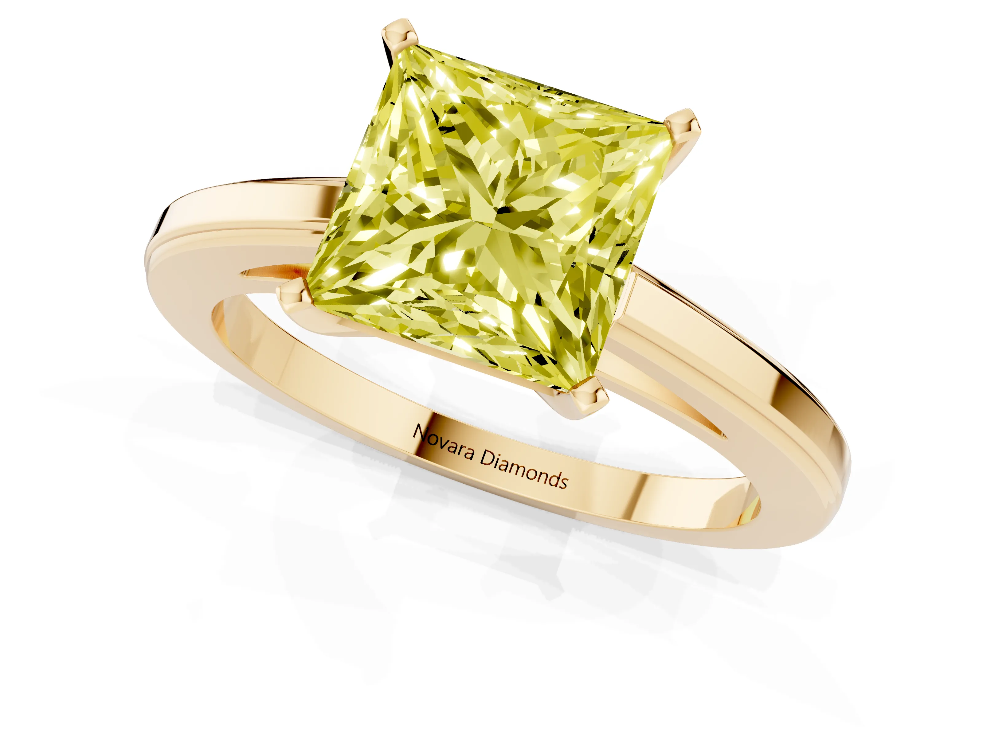 Fancy Yellow Princess Cut Diamond Solitaire Ring Set in Yellow gold with Prong Setting and Classic Band