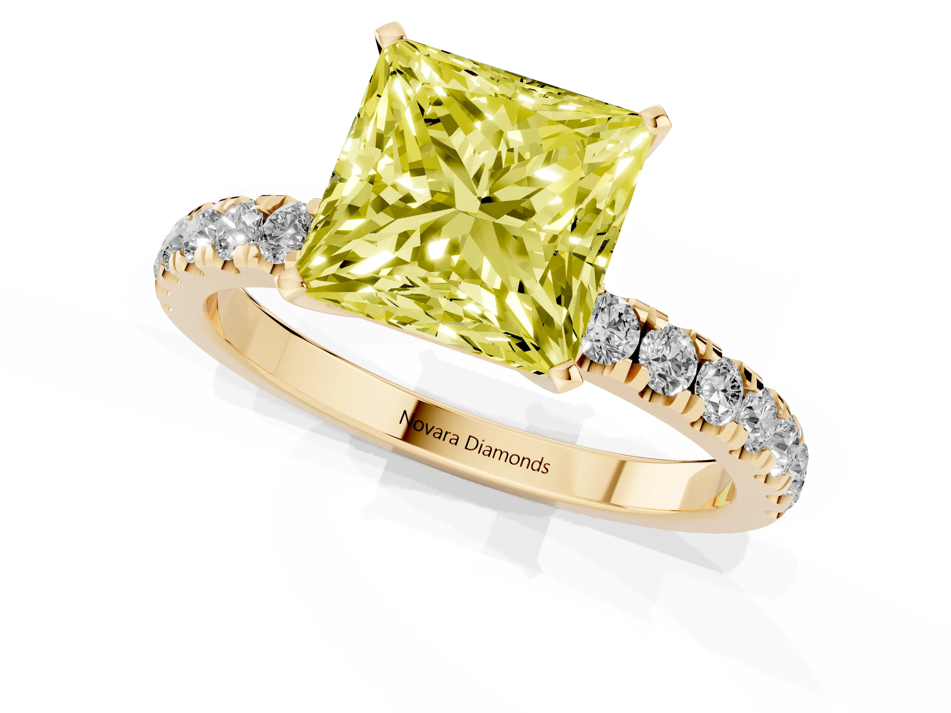 Fancy Yellow Princess Cut Diamond Solitaire Ring Set in Yellow gold with Pavé Accents and Prong Setting