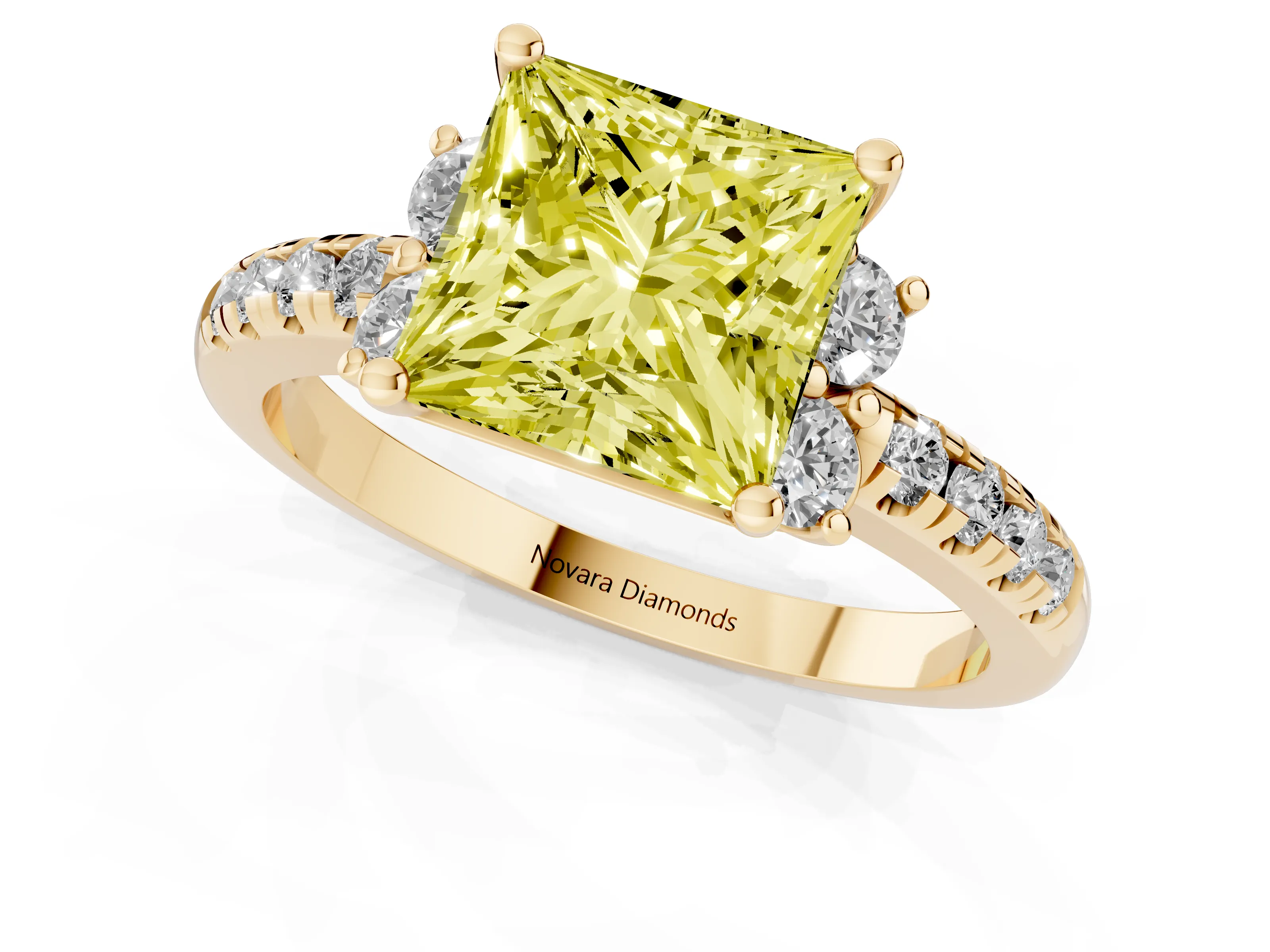 Fancy Yellow Princess Cut Diamond Three-Stone Pavé Ring Set in Yellow gold with Prong Setting