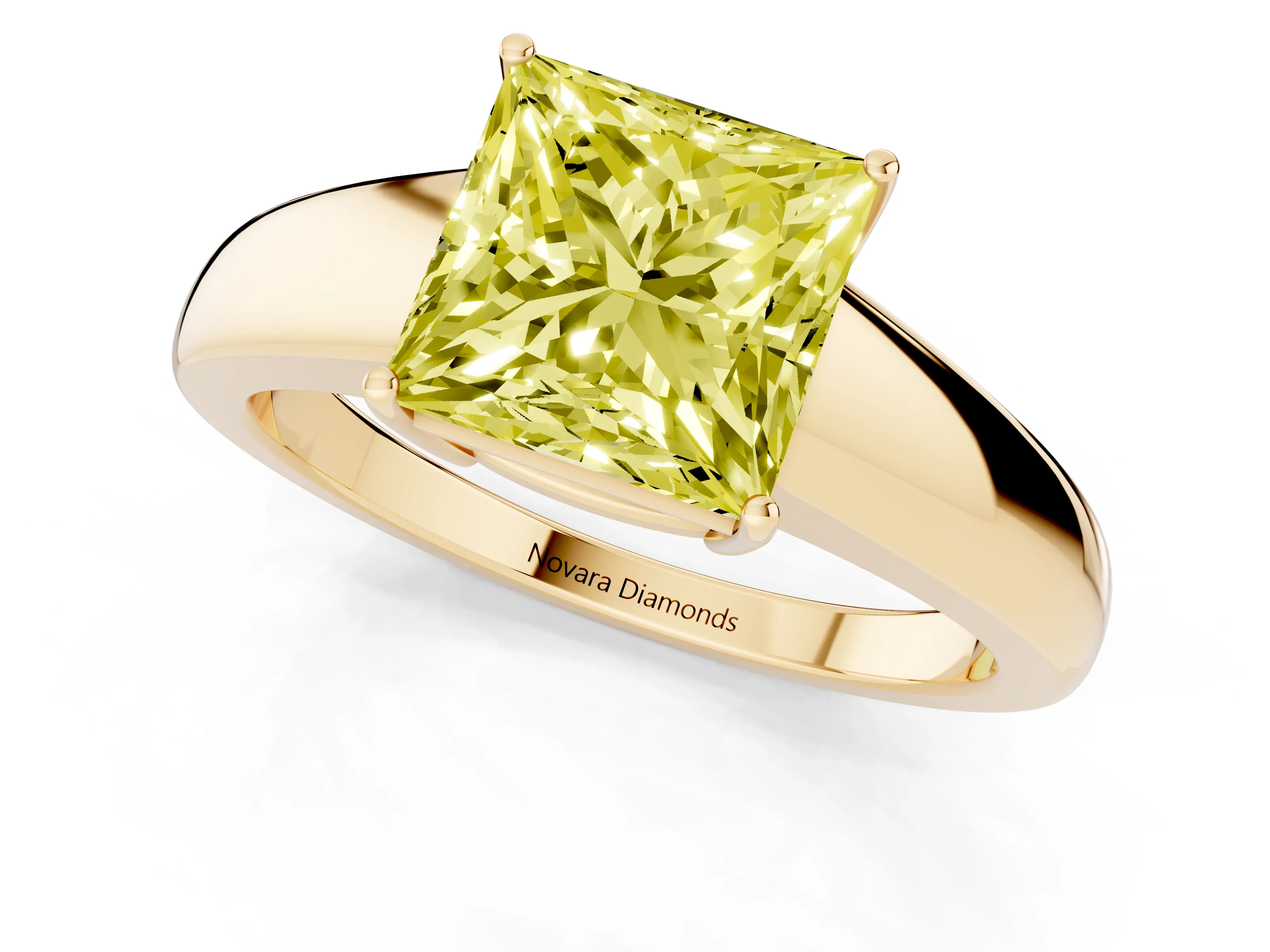 Fancy Yellow Princess Cut Diamond Solitaire Ring Set in Yellow gold with Tapered Band and Prong Setting