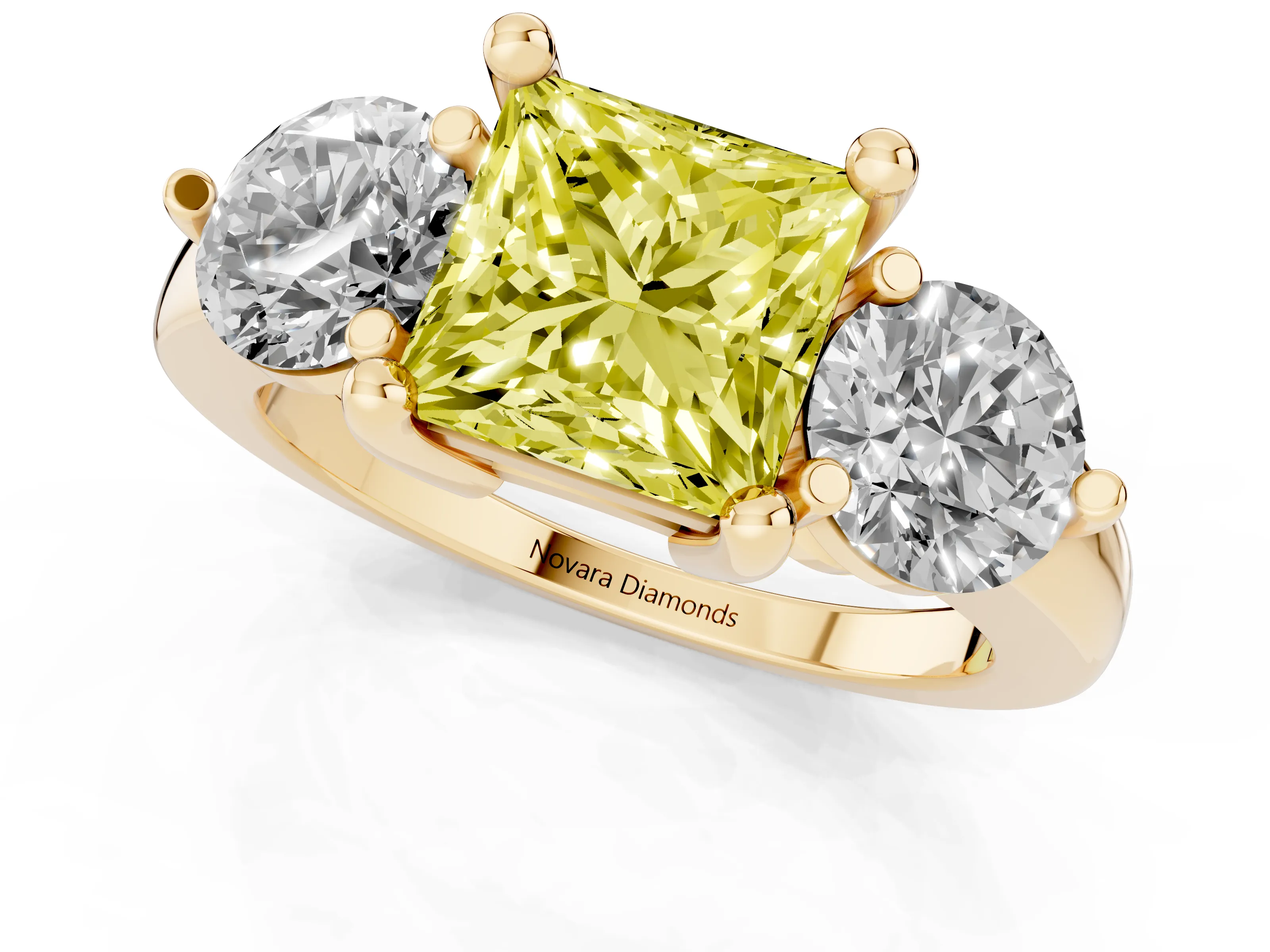 Fancy Yellow Princess Cut Diamond Three-Stone Ring Set in Yellow gold with Prong Setting and Classic Band