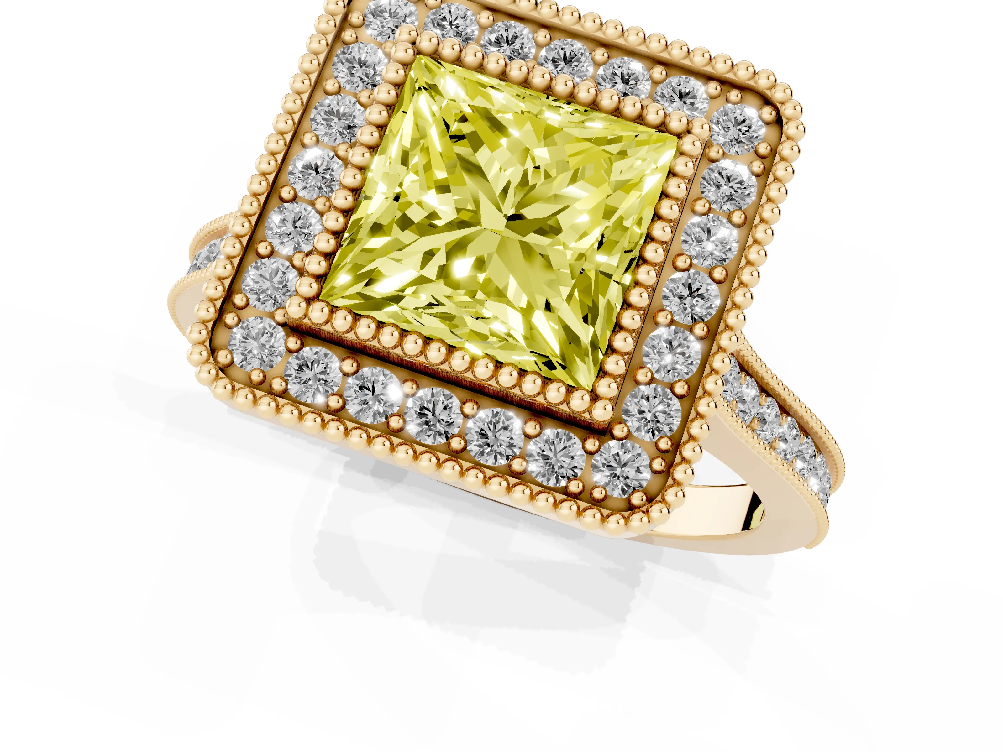 Fancy Yellow Princess Cut Diamond Halo Ring Set in Yellow gold with Milgrain Frame and Pavé Band