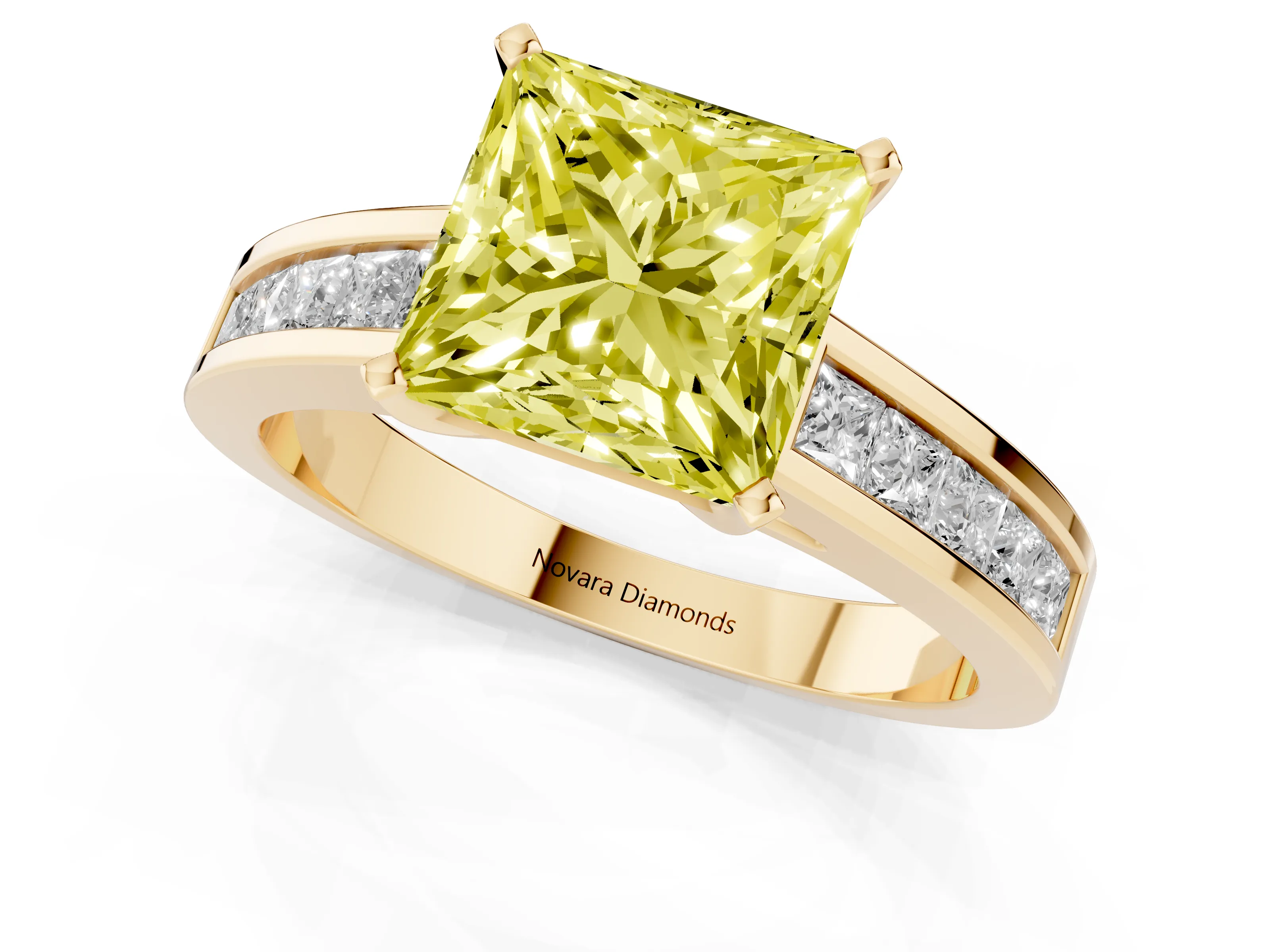 Fancy Yellow Princess Cut Diamond Solitaire Ring Set in Yellow gold with Channel-Set Band and Prong Setting