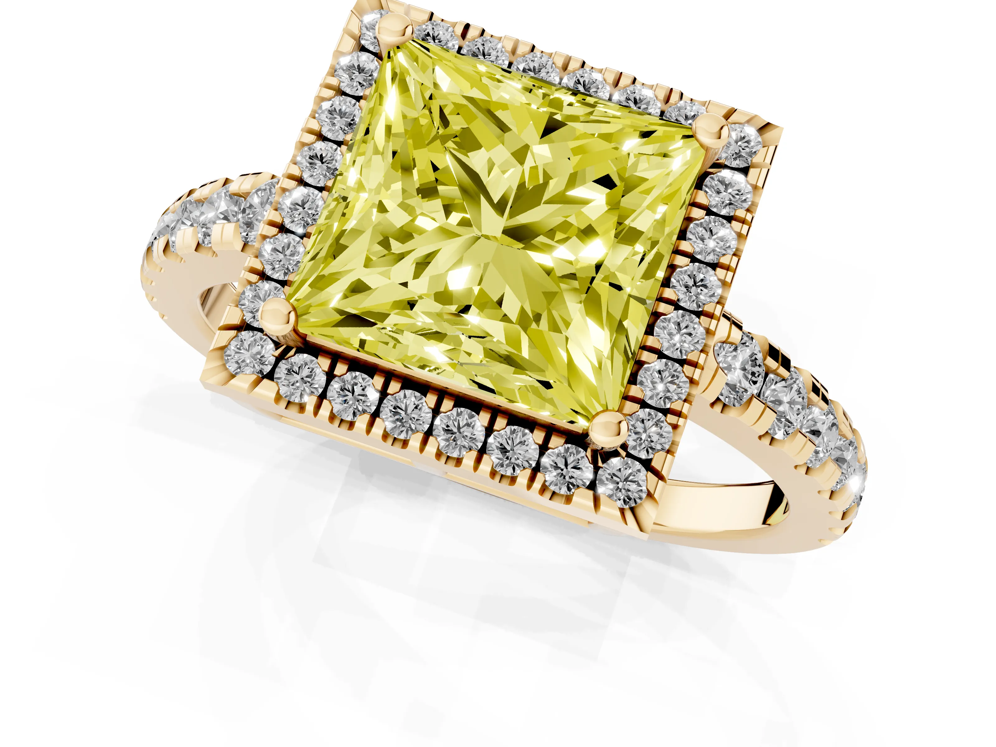 Fancy Yellow Princess Cut Diamond Halo Ring Set in Yellow gold with Delicate Pavé Band and Prong Setting