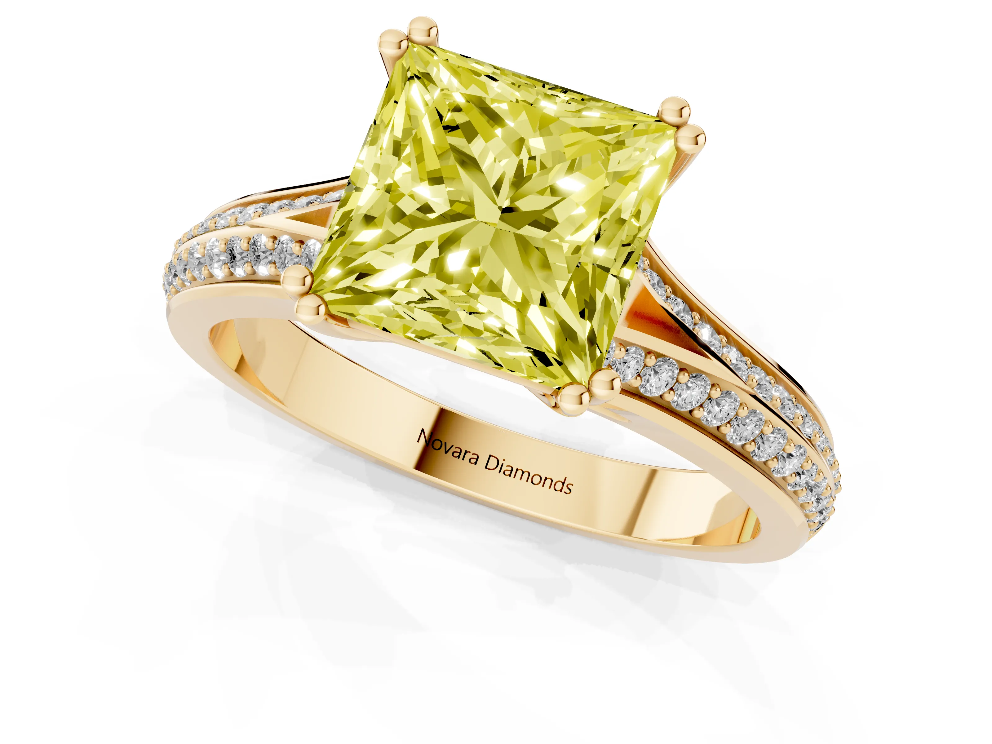 Fancy Yellow Princess Cut Diamond Split Shank Pavé Engagement Ring Set in Yellow gold with Prong-Set Center Stone