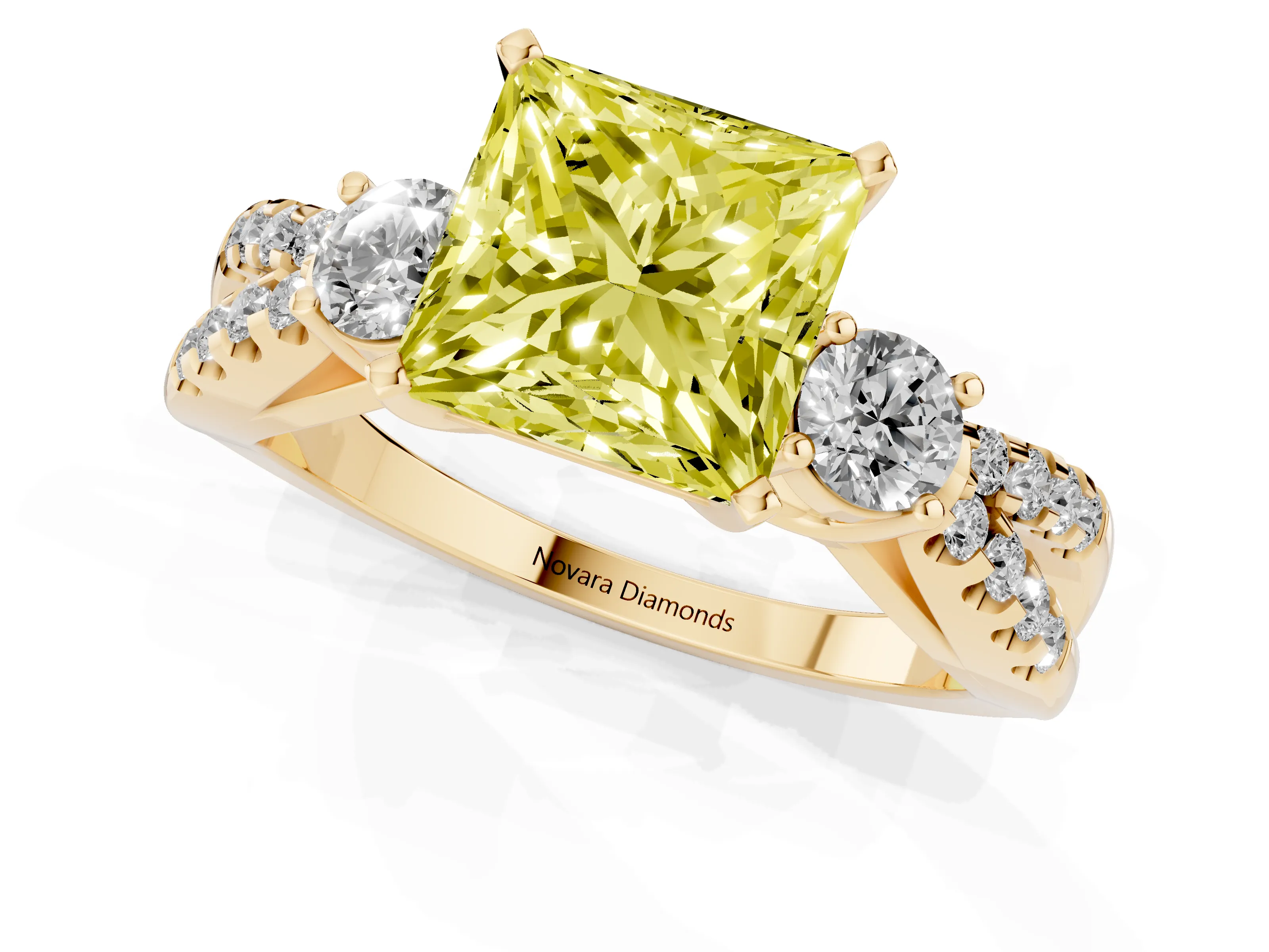 Fancy Yellow Princess Cut Diamond Three-Stone Ring Set in Yellow gold with Pavé Split Shank and Prong Setting
