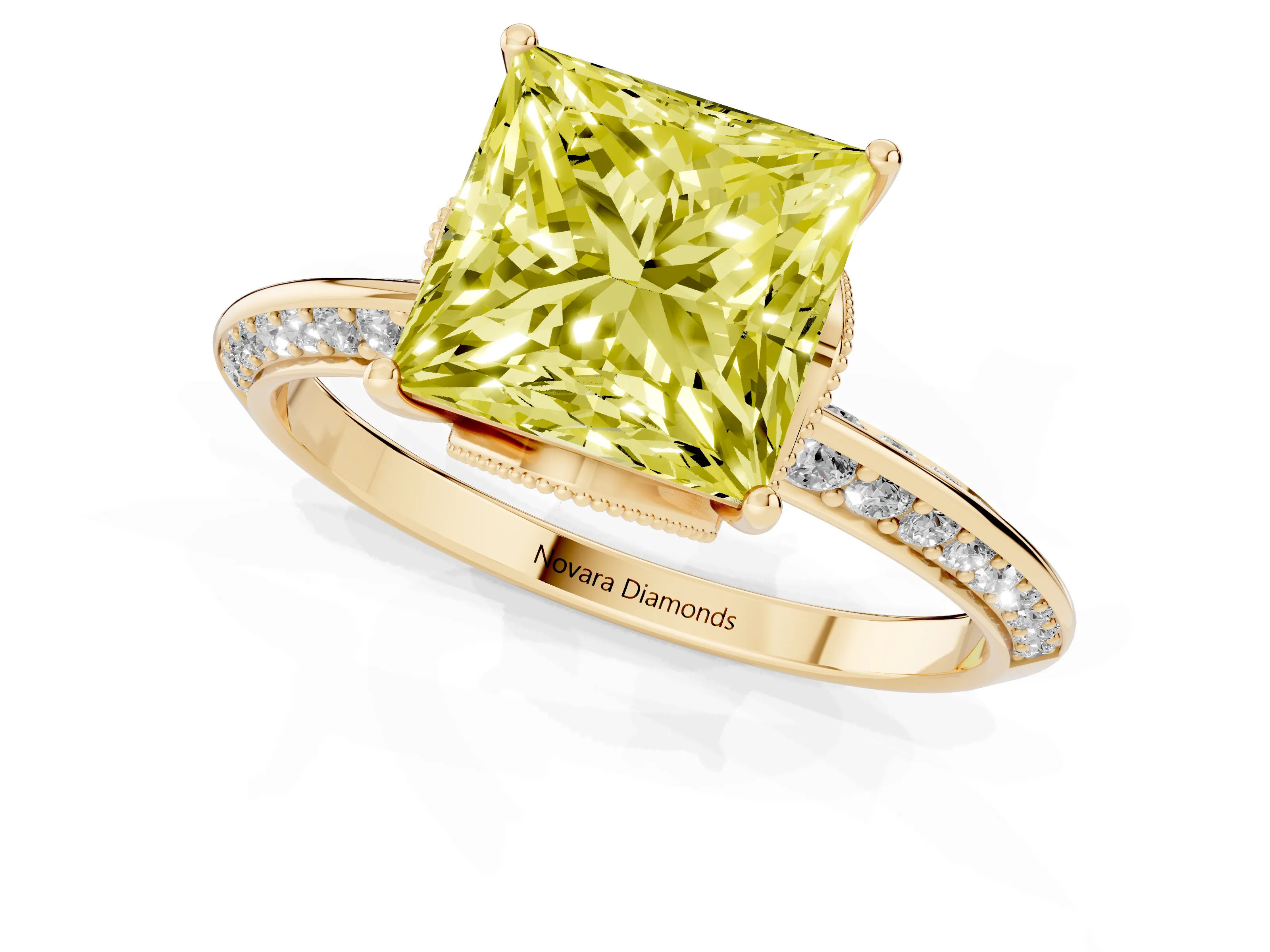Fancy Yellow Princess Cut Diamond Solitaire Engagement Ring Set in Yellow gold with Pavé Split Shank and Prong Setting