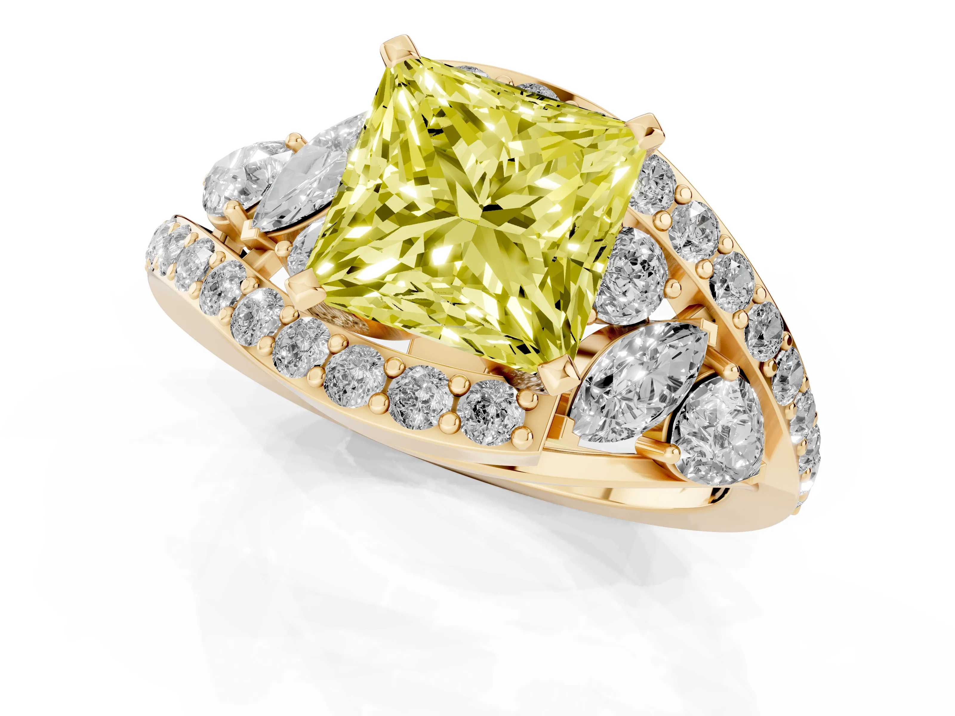 Fancy Yellow Princess Cut Diamond Halo Ring Set in Yellow gold with Marquise and Pavé Band in Prong Setting