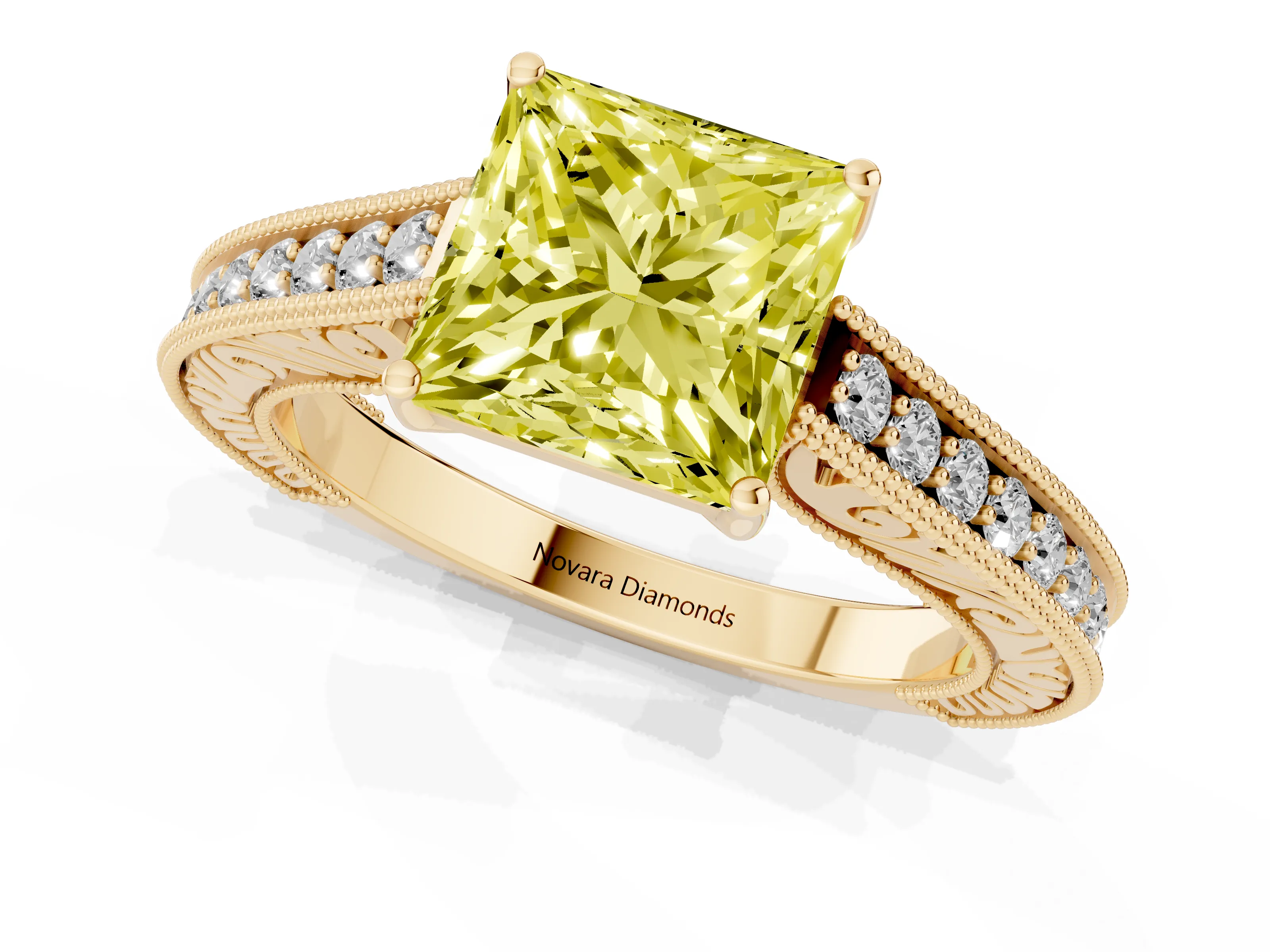 Fancy Yellow Princess Cut Diamond Milgrain Pavé Band Solitaire Ring Set in Yellow gold with Prong Setting