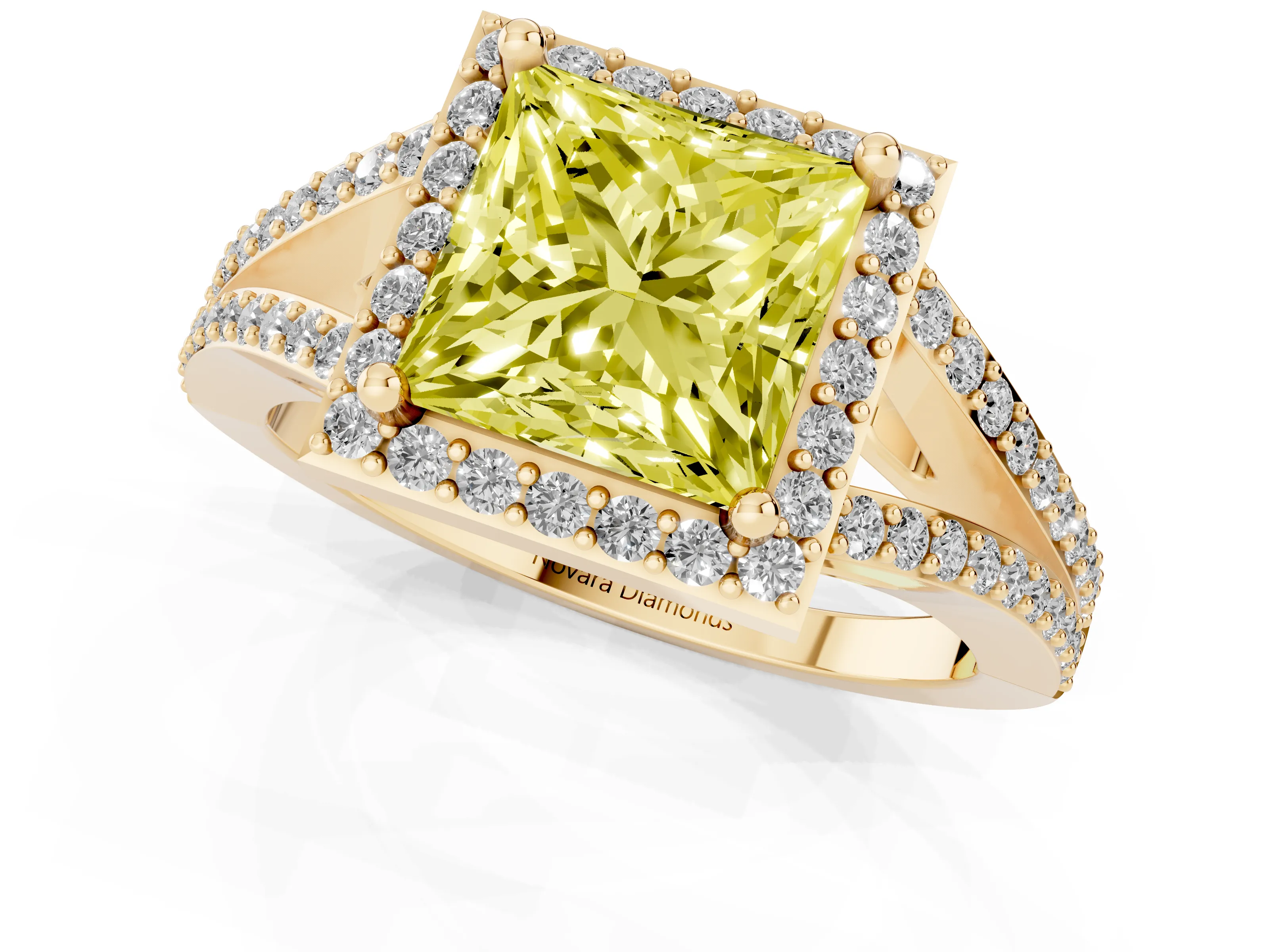 Fancy Yellow Princess Cut Diamond Halo Split Shank Pavé Ring Set in Yellow gold with Prong Setting