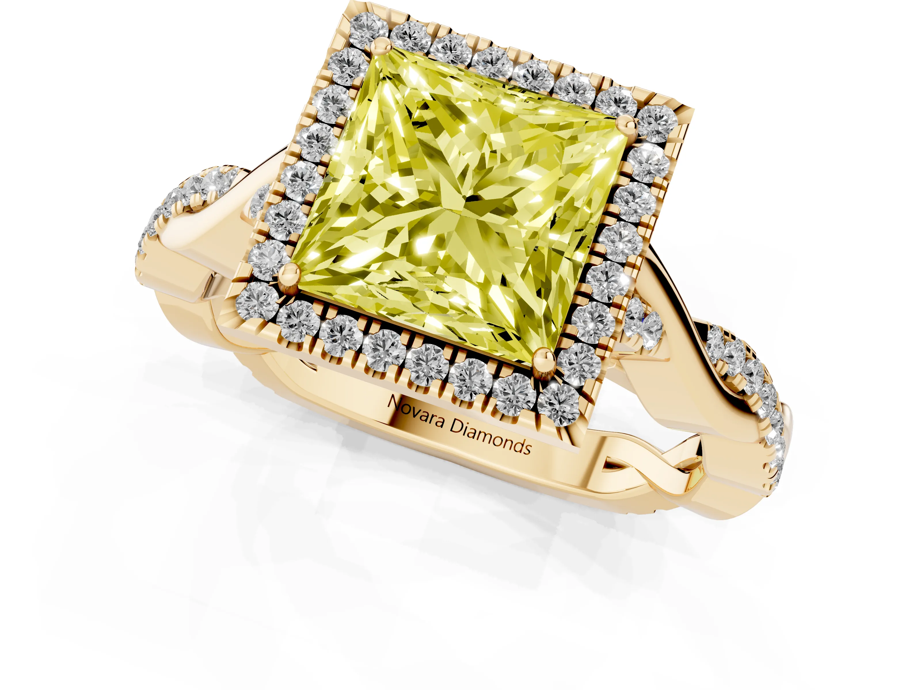 Fancy Yellow Princess Cut Diamond Halo Twist Band Solitaire Ring Set in Yellow gold with Prong Setting