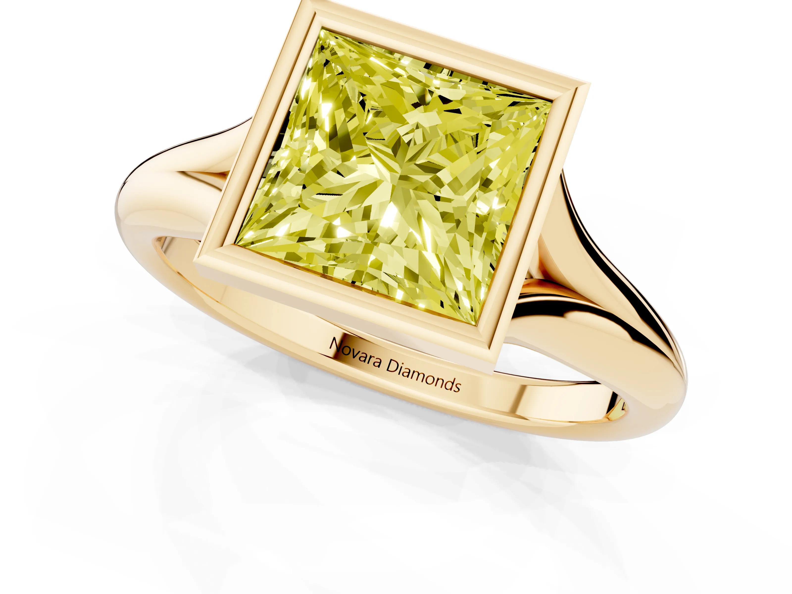 Fancy Yellow Bezel Set Princess Cut Diamond Solitaire Ring Set in Yellow gold with Smooth Band