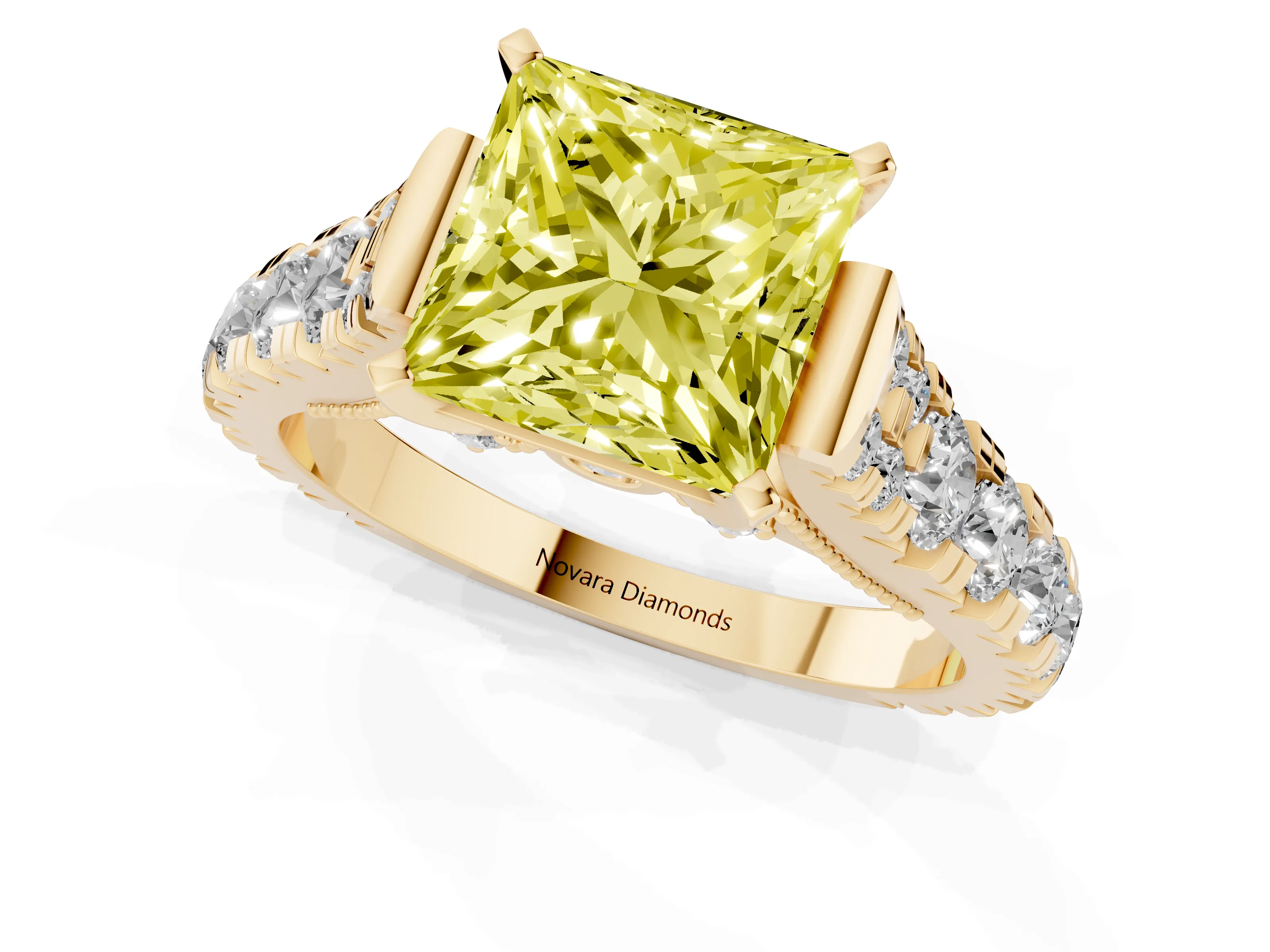 Fancy Yellow Princess Cut Diamond Classic Solitaire Ring Set in Yellow gold with Pavé Band and Prong Setting