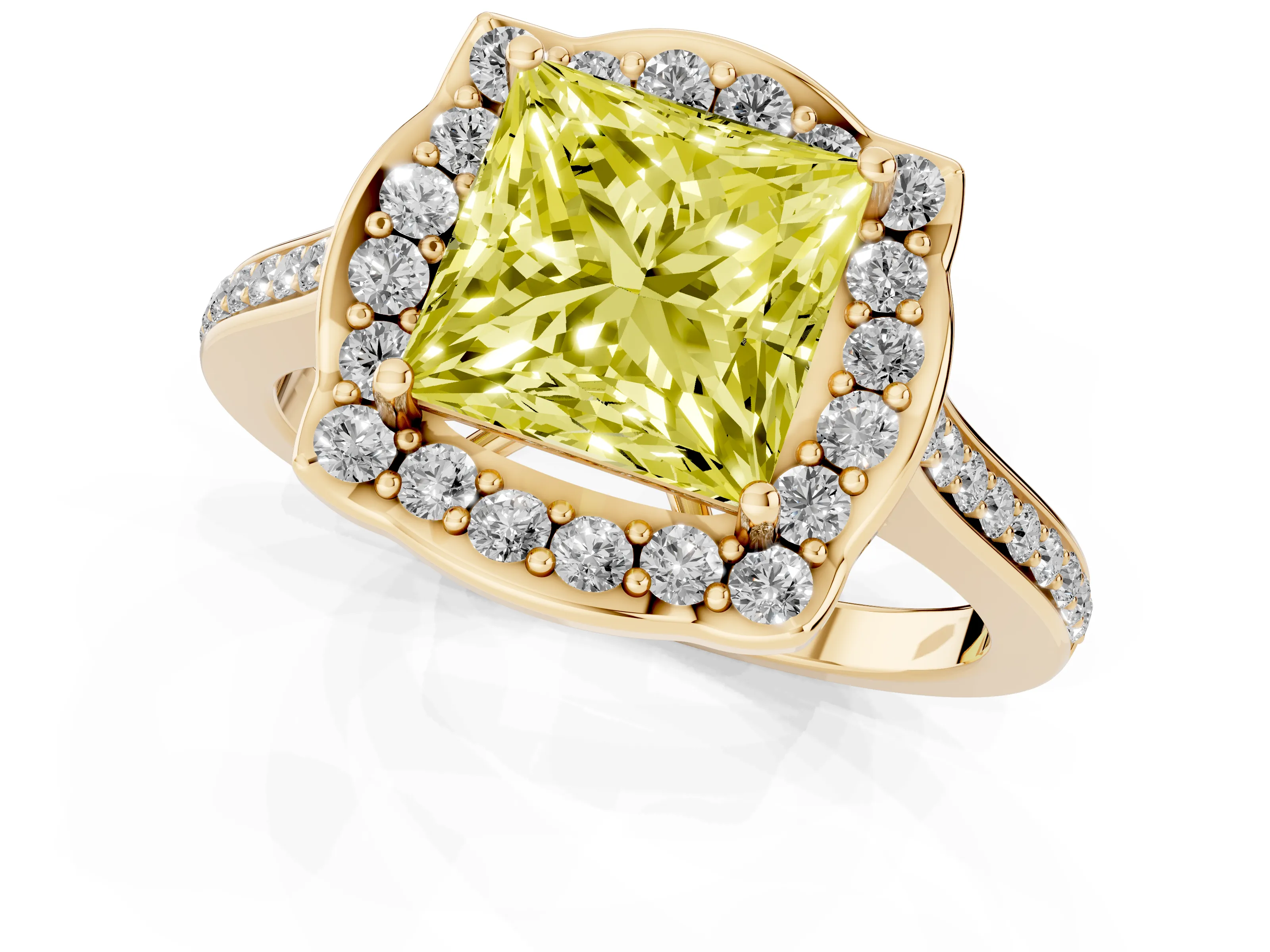 Fancy Yellow Princess Cut Diamond Halo Ring Set in Yellow gold with Pavé-Lined Shoulders and Prong Setting