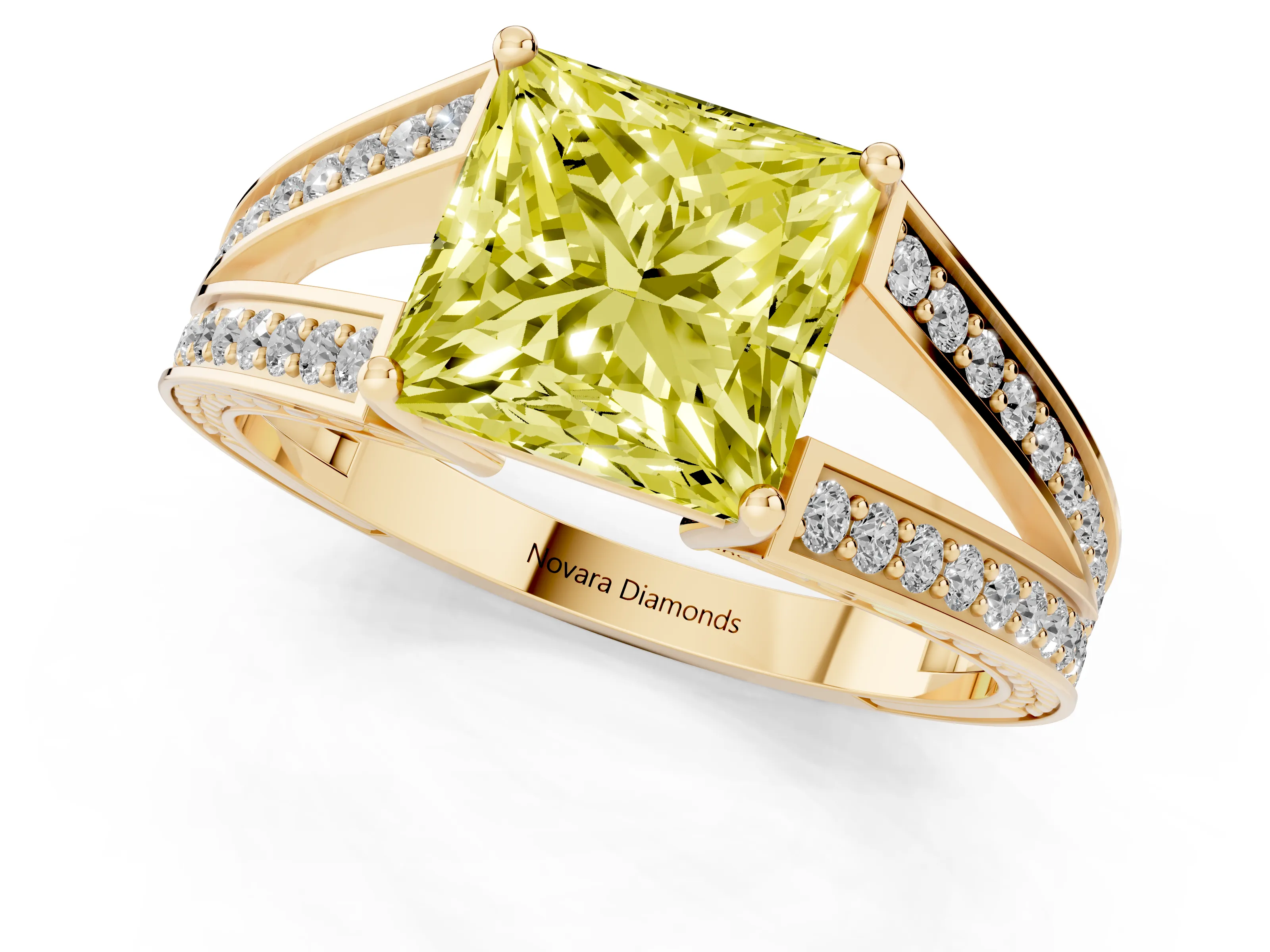 Fancy Yellow Princess Cut Diamond Split Shank Ring Set in Yellow gold with Pavé Band and Prong Setting