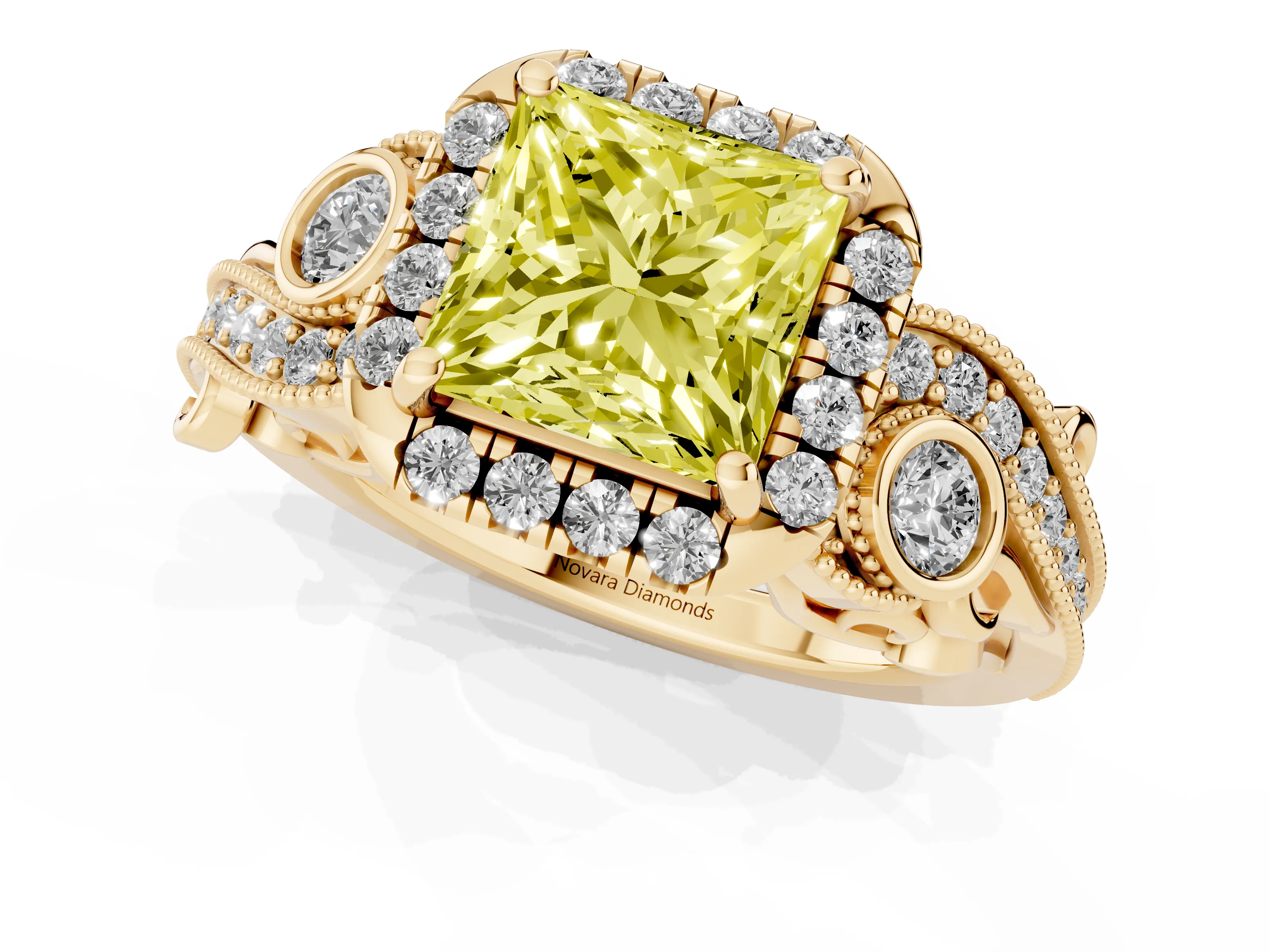 Fancy Yellow Princess Cut Diamond Halo Ring Set in Yellow gold with Milgrain Pavé Band and Prong Setting