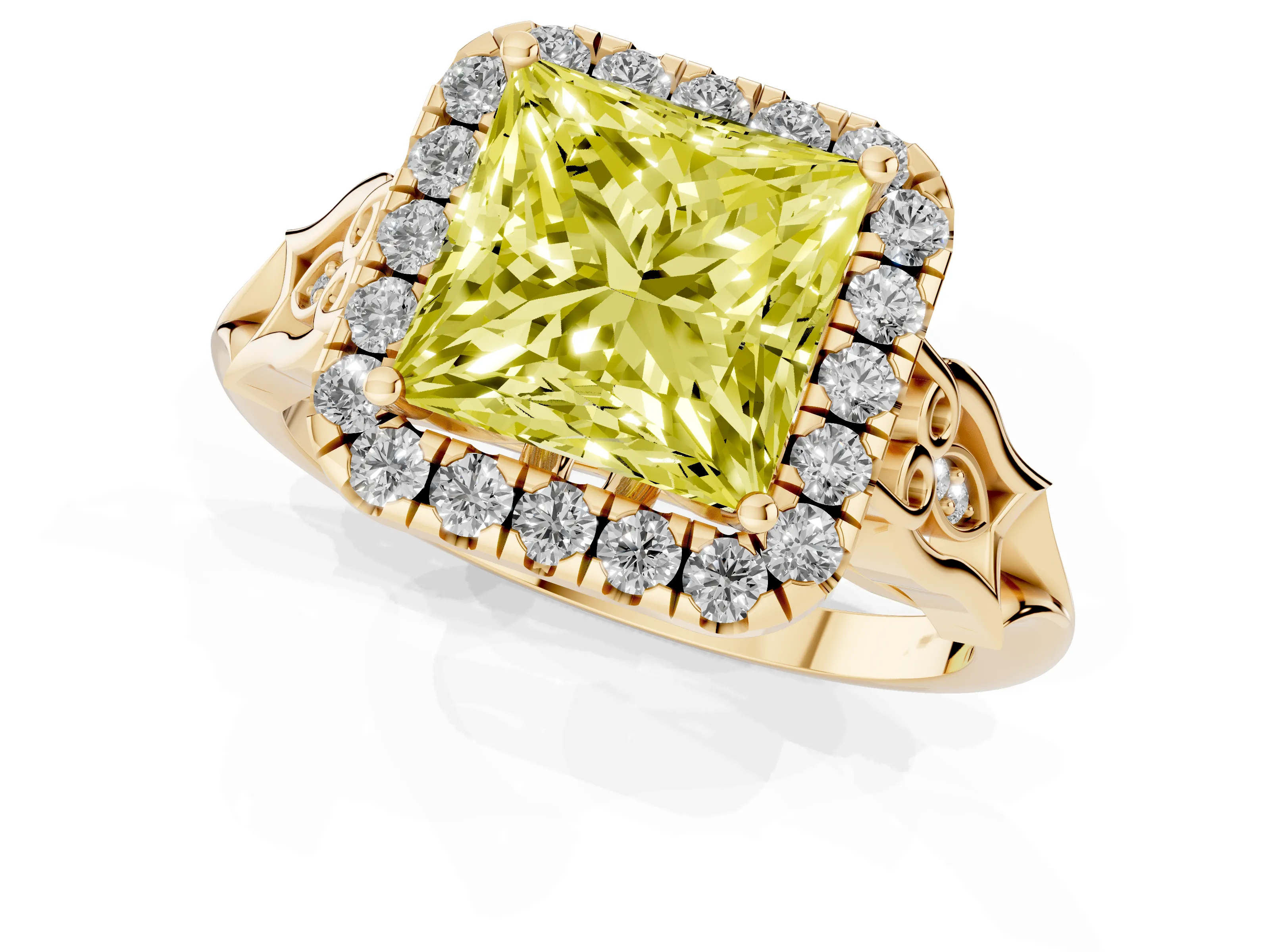 Fancy Yellow Princess Cut Diamond Halo Engagement Ring Set in Yellow gold with Filigree Band and Prong-Set Center