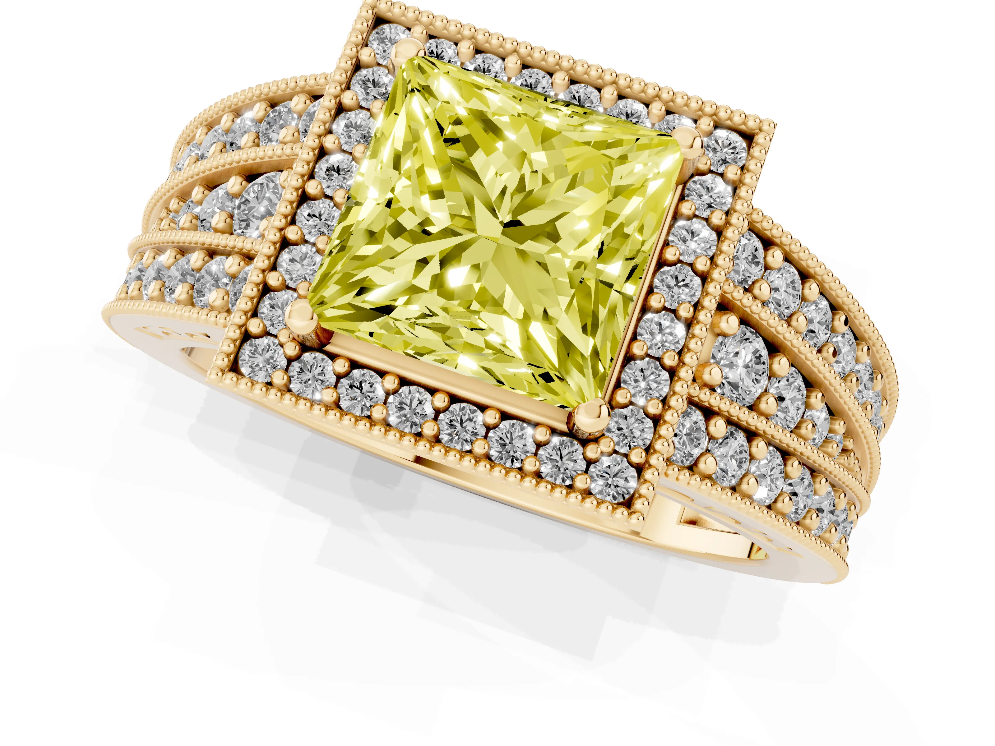 Fancy Yellow Princess Cut Diamond Halo Ring Set in Yellow gold with Accent Split Shank and Prong Setting