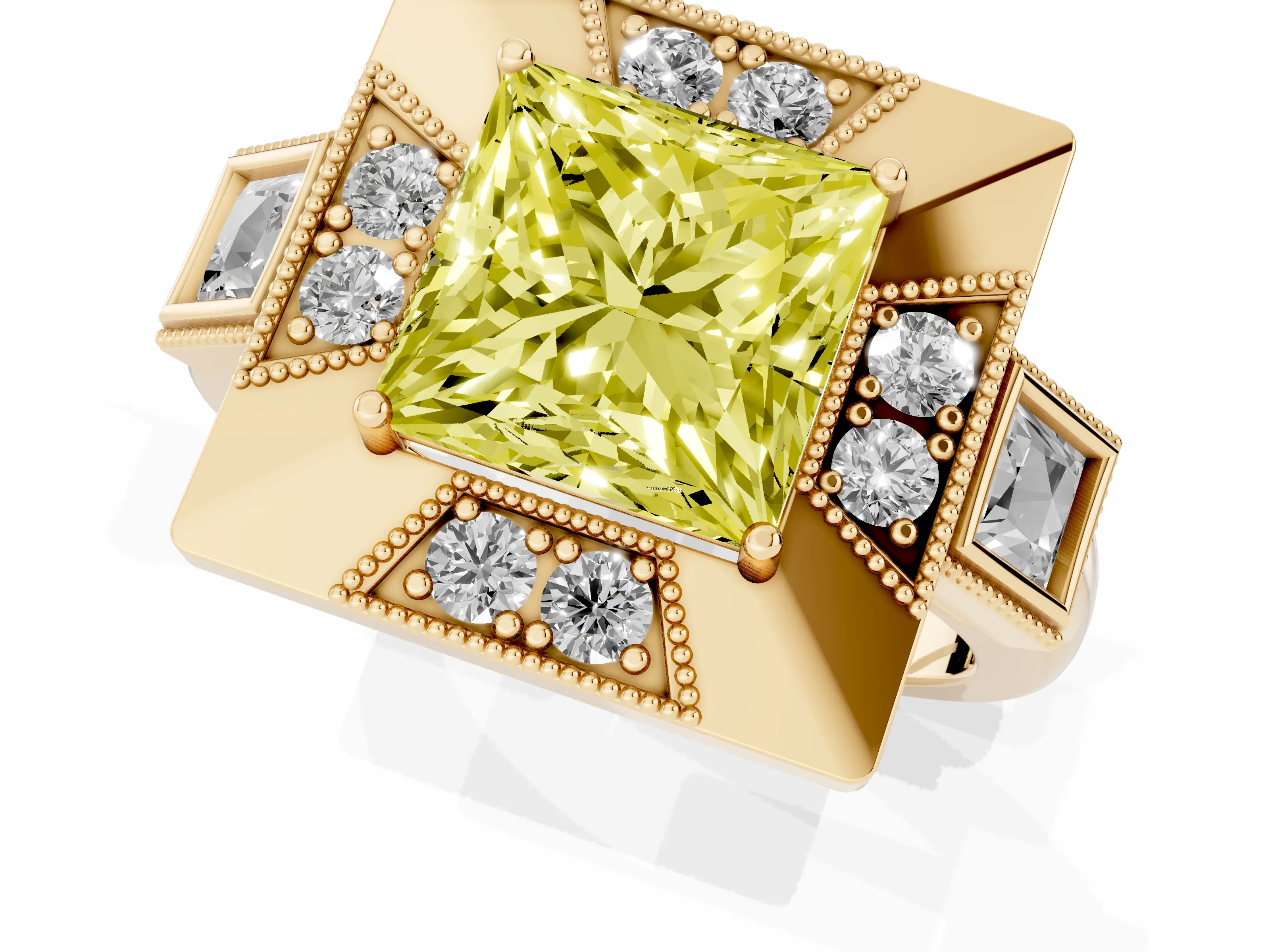 Fancy Yellow Princess Cut Diamond Milgrain Halo Ring Set in Yellow gold with Split Shank
