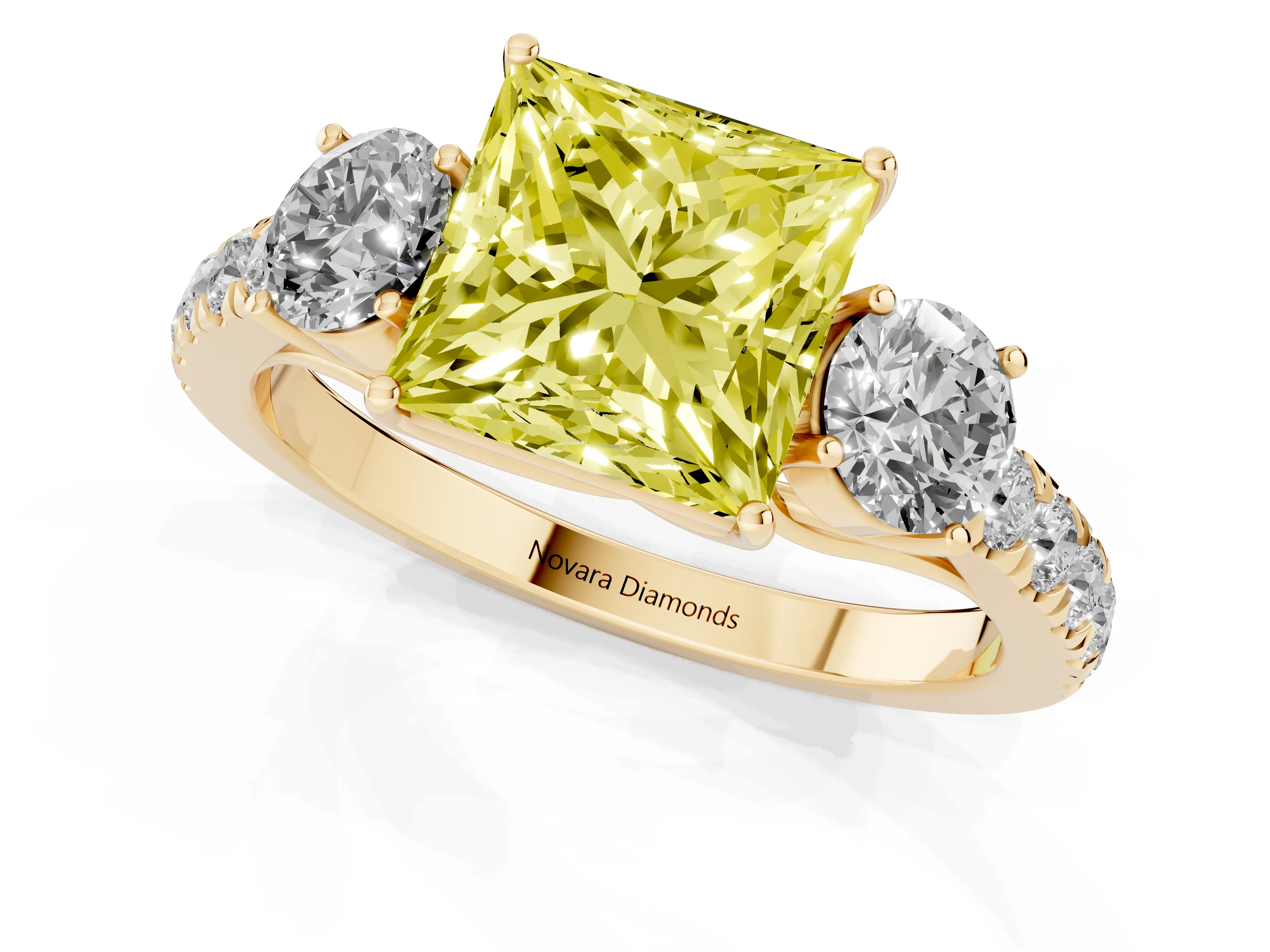Fancy Yellow Princess Cut Diamond Three-Stone Ring Set in Yellow gold with Round Side Stones and Delicate Pavé Band