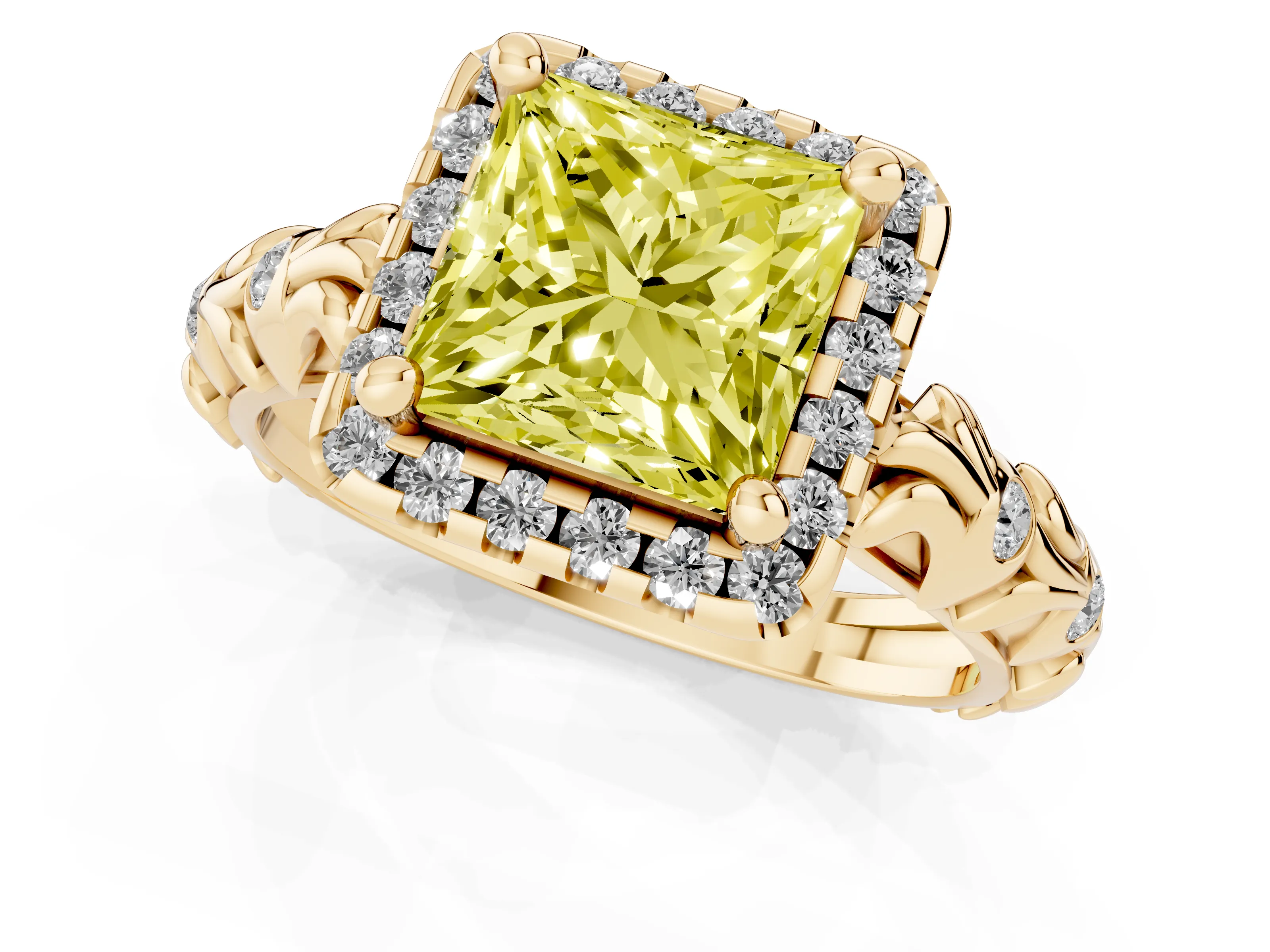 Fancy Yellow Princess Cut Diamond Halo Ring Set in Yellow gold with Filigree Leaf Band and Prong Setting