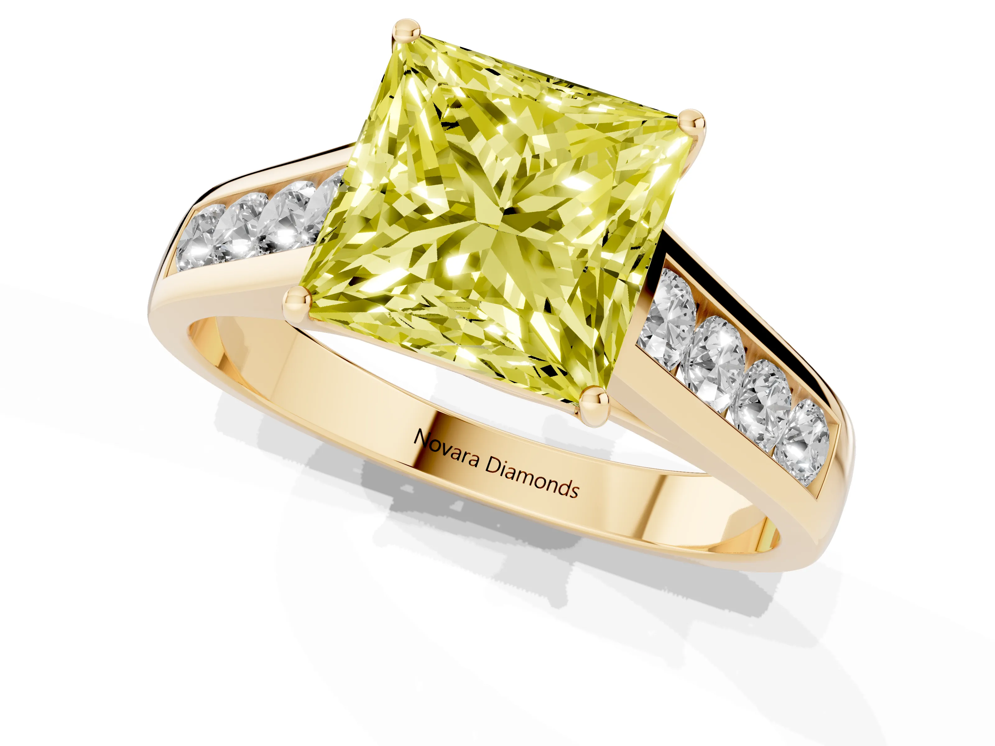 Fancy Yellow Princess Cut Diamond Solitaire Channel-Set Engagement Ring Set in Yellow gold with Prong Setting