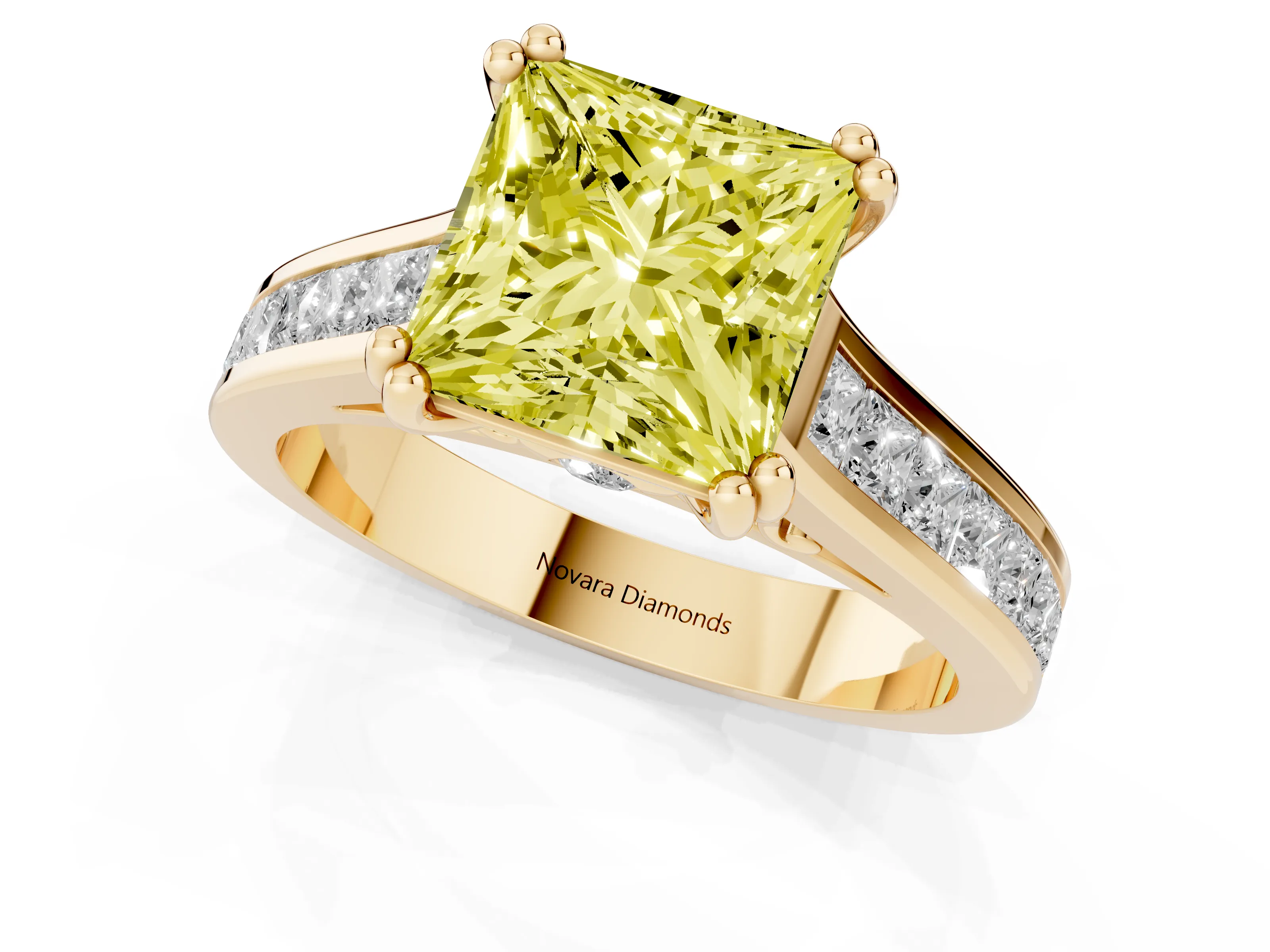 Fancy Yellow Princess Cut Diamond Channel Set Solitaire Engagement Ring Set in Yellow gold with Prong Setting