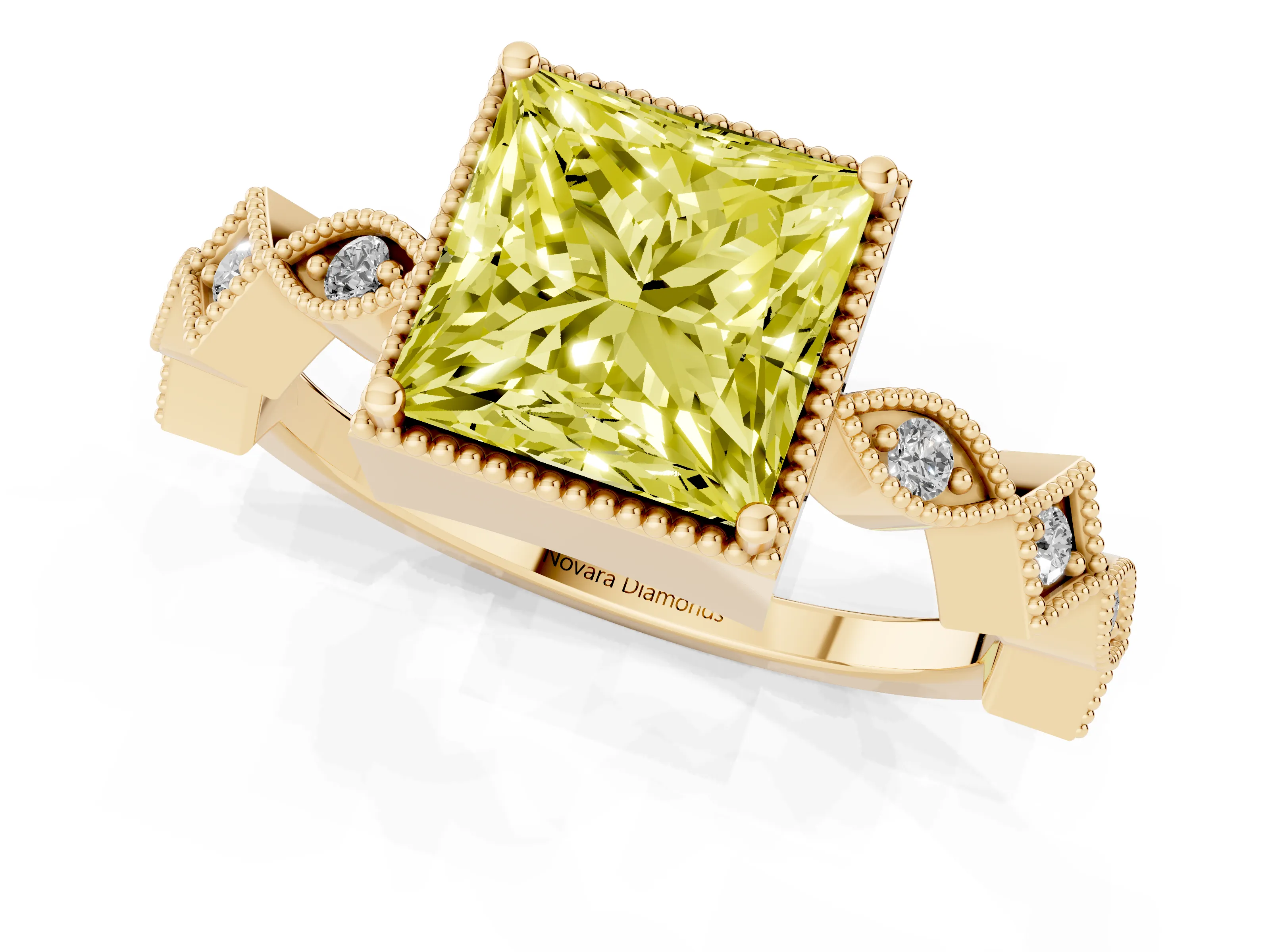 Fancy Yellow Princess Cut Diamond Milgrain Marquise Twist Band Ring Set in Yellow gold with Prong Setting