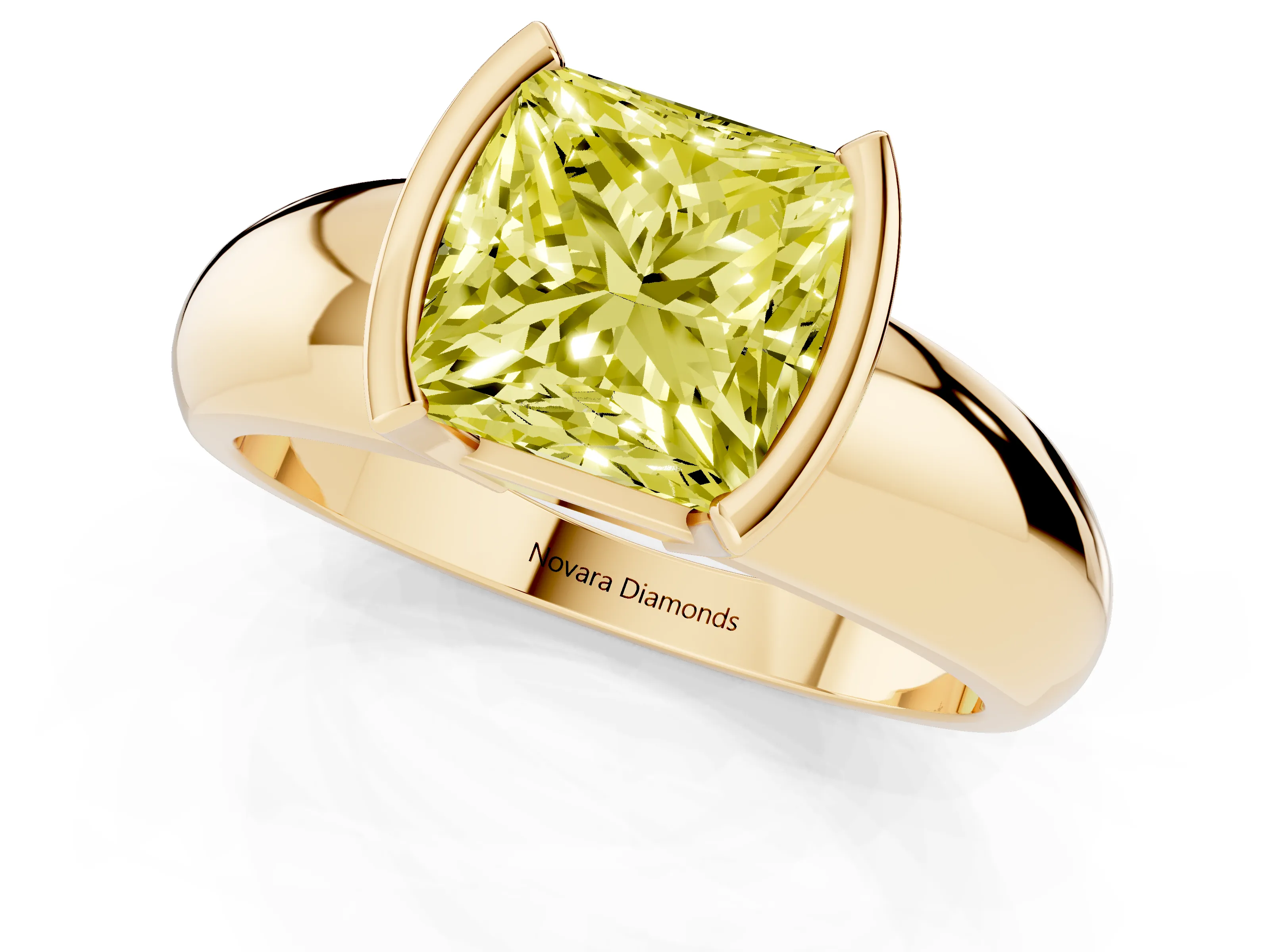 Fancy Yellow Princess Cut Diamond Solitaire Tension Set Ring Set in Yellow gold with Wide Band