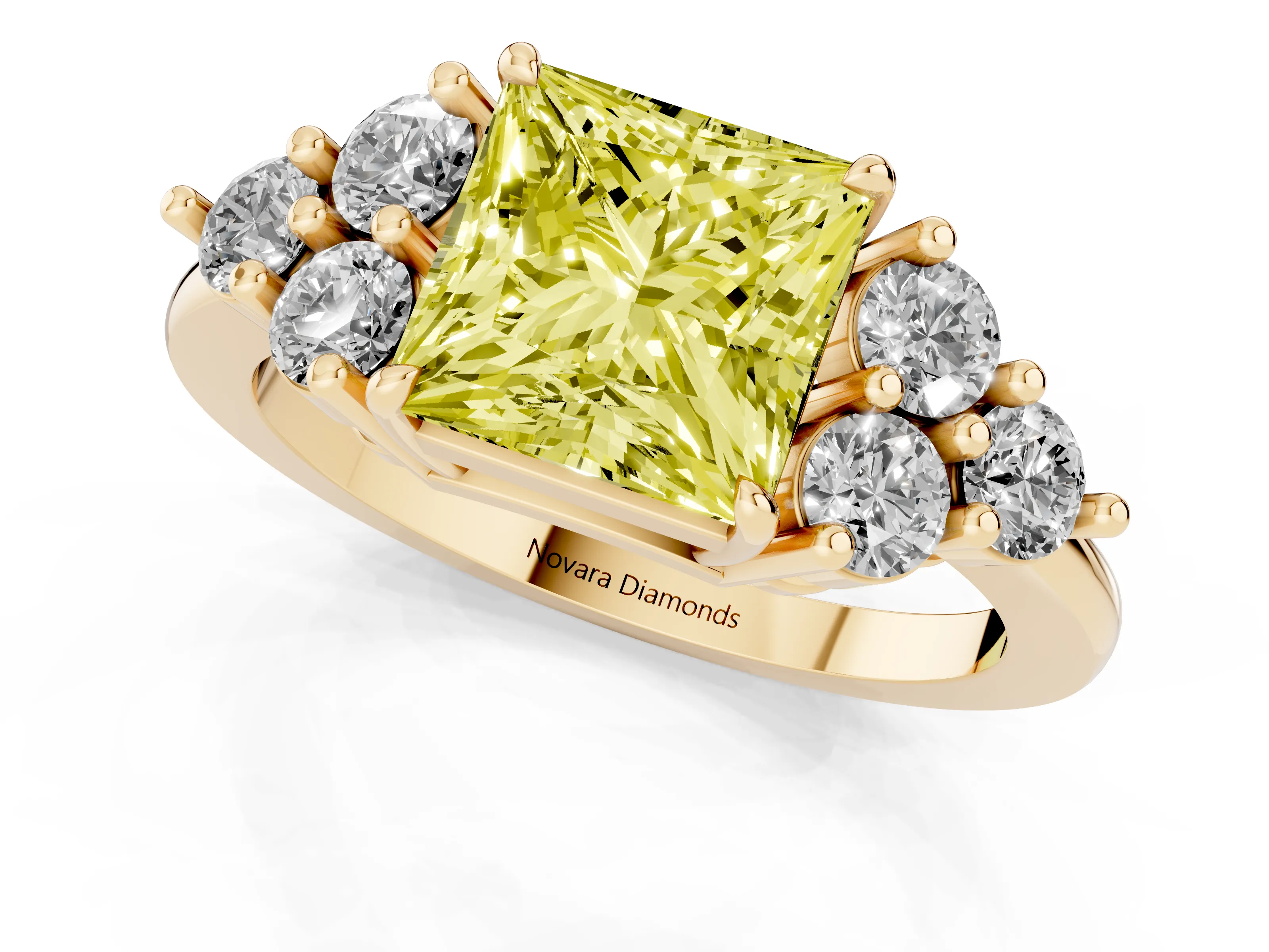 Fancy Yellow Princess Cut Diamond Solitaire Ring Set in Yellow gold with Cluster Accents on Each Side