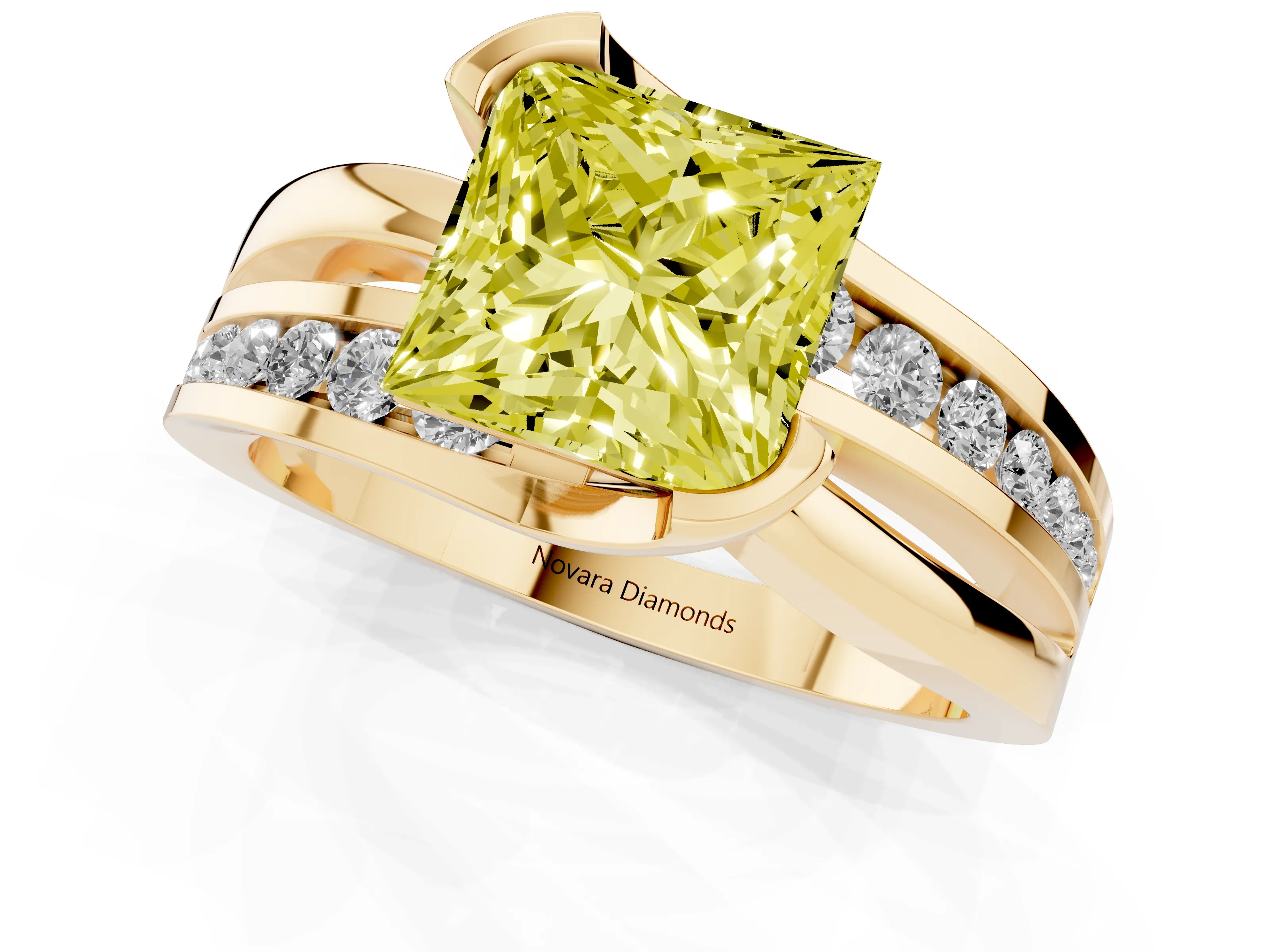 Fancy Yellow Princess Cut Diamond Solitaire Ring Set in Yellow gold with Channel Set Split Shank and Tension Prongs