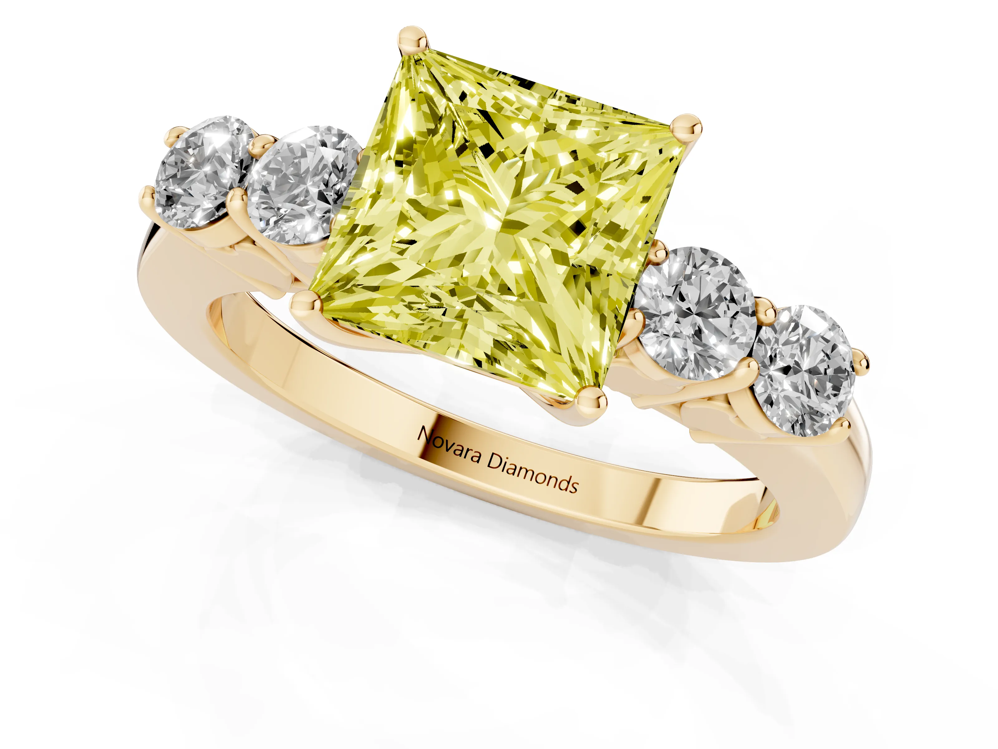 Fancy Yellow Princess Cut Diamond Five-Stone Prong Set Band Ring Set in Yellow gold with Polished Band