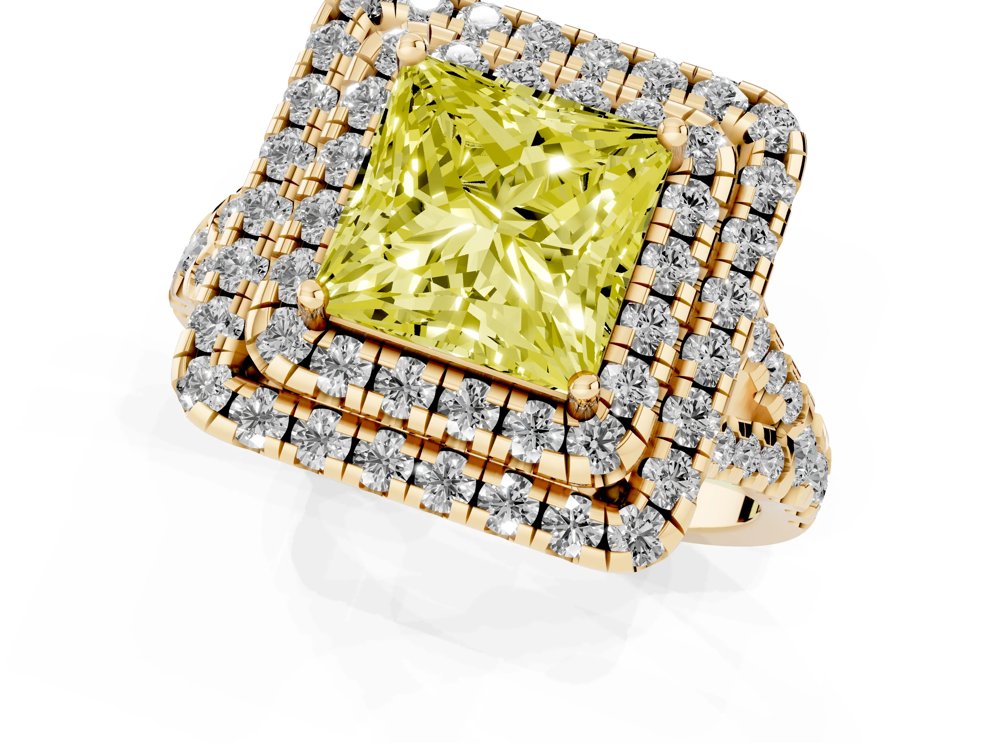 Fancy Yellow Princess Cut Diamond Double Halo Ring Set in Yellow gold with Pavé Split Shank and Prong Setting
